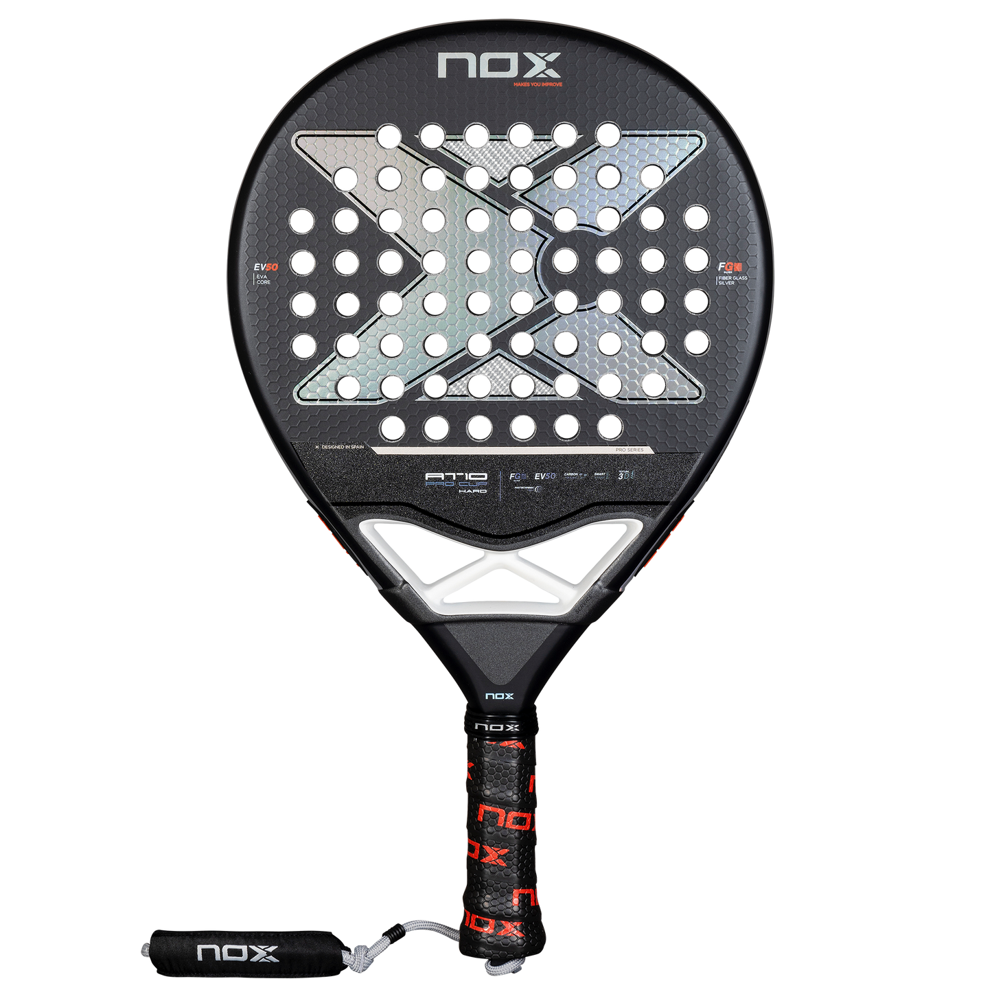 NOX AT10 Pro Cup HARD 2025 padelio raketė – priekinis vaizdas, apvali forma ir tvirtas anglies pluošto paviršius