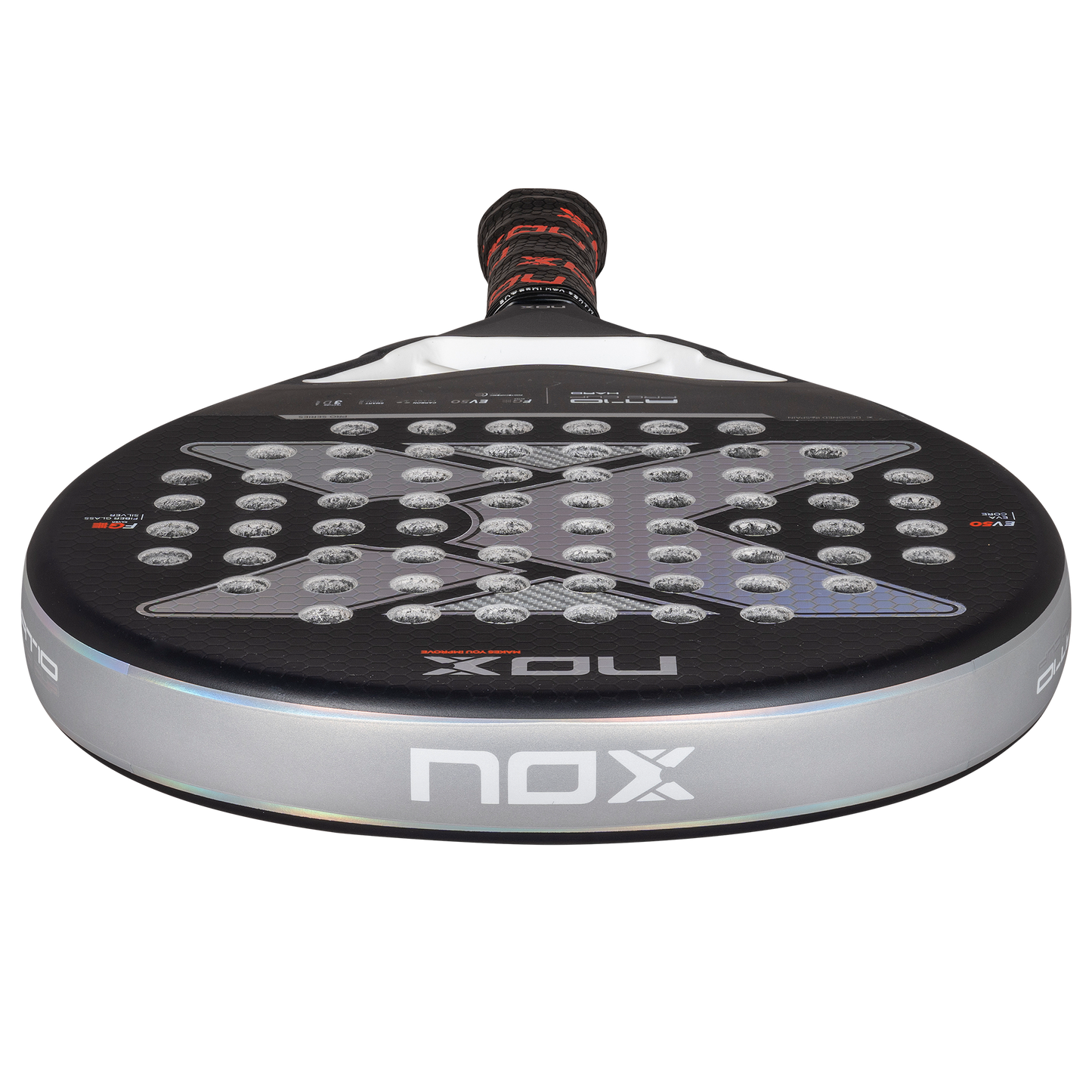 NOX AT10 Pro Cup HARD padelio raketė iš viršaus – simetriška apvali forma su Agustin Tapia dizainu ir NOX logotipu