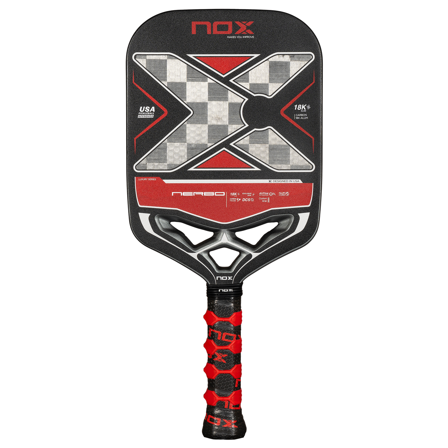 NOX Luxury Nerbo 18K Alum-Carbon pickleball raketė – priekinis vaizdas, aukštos kokybės anglies ir aliuminio derinys, prabangus dizainas