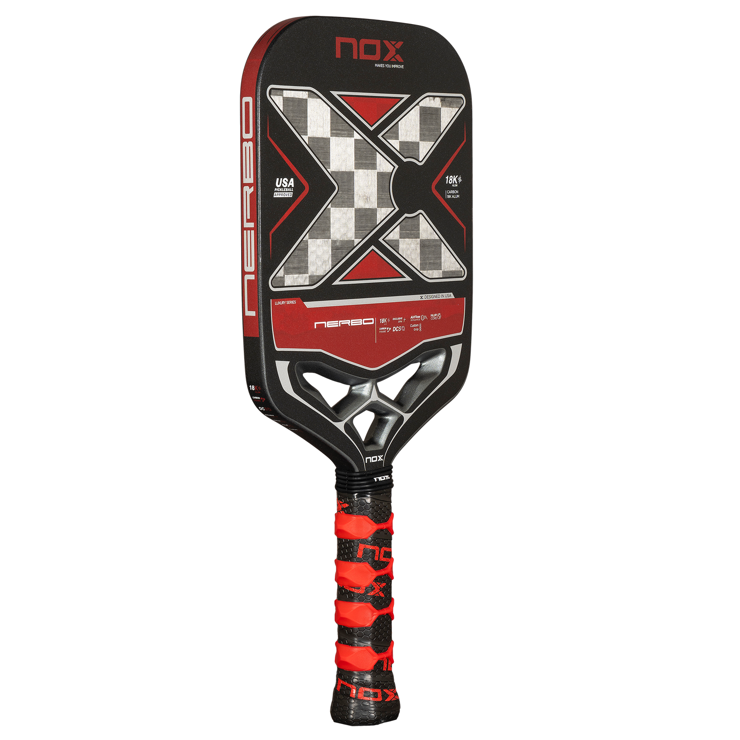 NOX Luxury Nerbo 18K Alum-Carbon pickleball raketė iš kampo – tvirta konstrukcija, skirta profesionaliam žaidimui ir ilgaamžiškumui