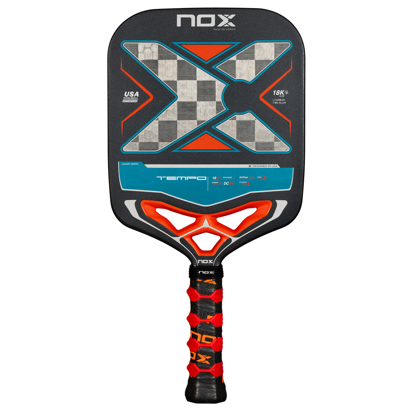 NOX Luxury Tempo 18K Alum-Carbon pickleball raketė – priekinis vaizdas, aukštos kokybės anglies ir aliuminio derinys, elegantiškas dizainas