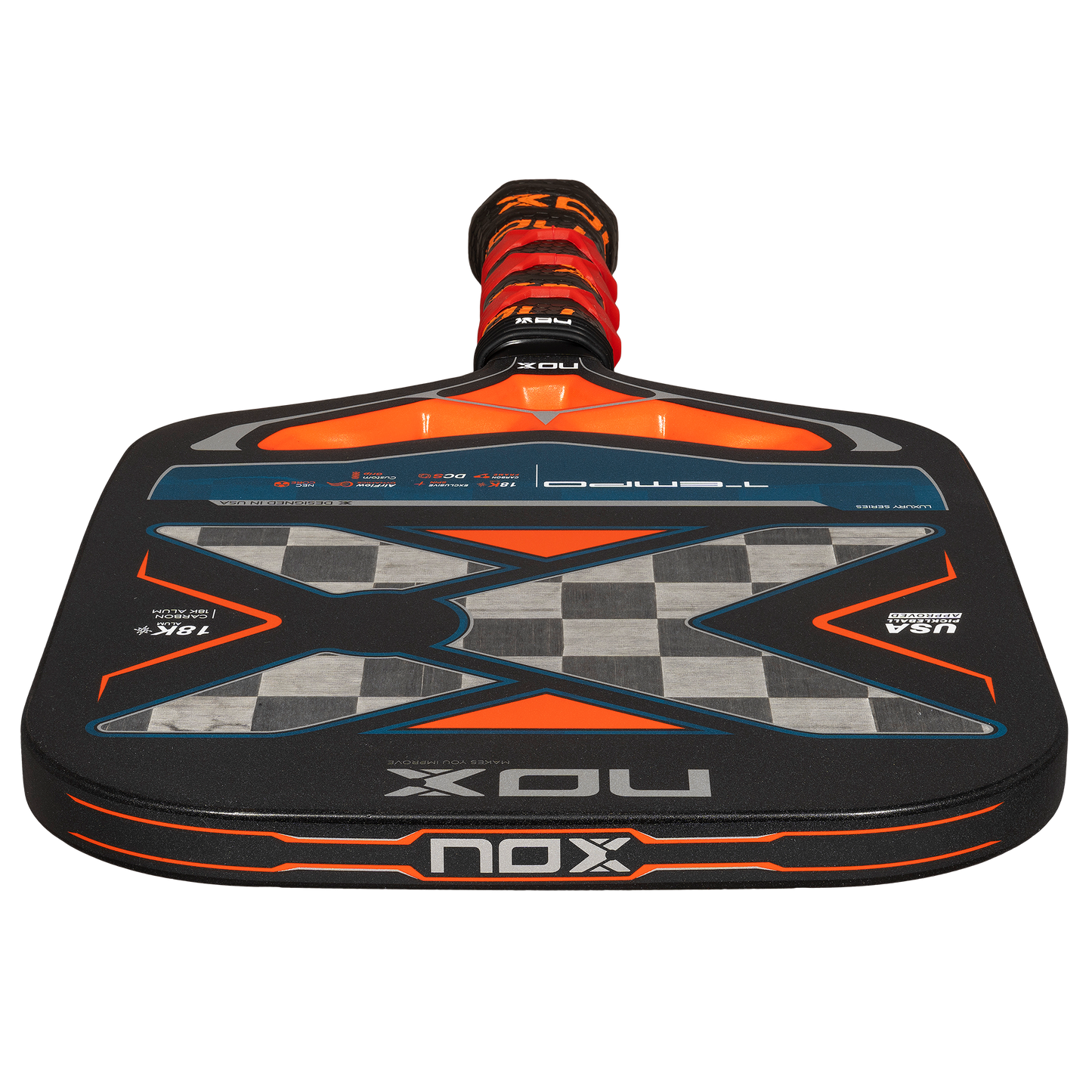 NOX Luxury Tempo 18K Alum-Carbon pickleball raketė iš viršaus – klasikinė forma su NOX logotipu ir premium apdaila