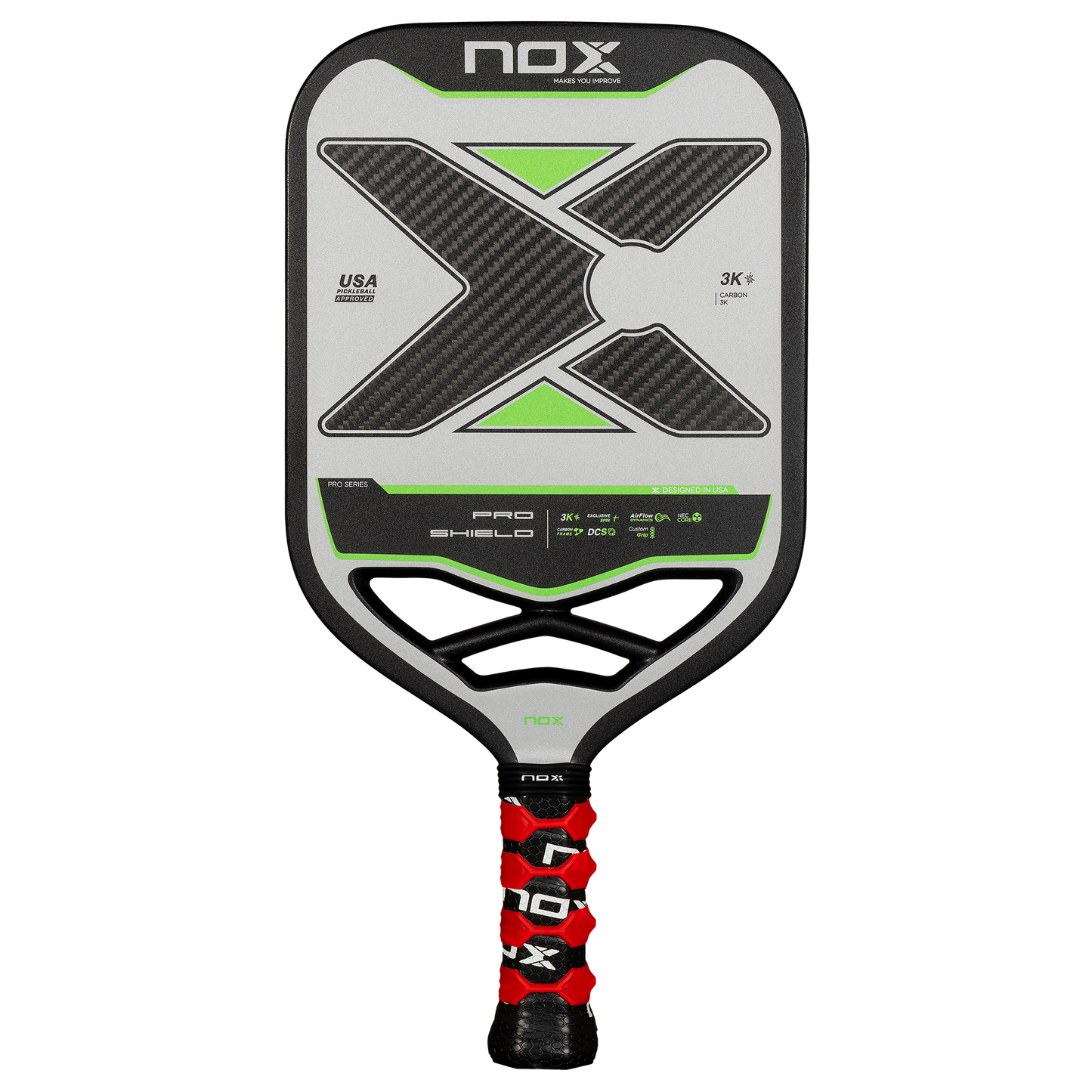 NOX PRO SHIELD 3K Carbon piklbolo raketė – priekinis vaizdas, anglies pluošto paviršius, aukščiausios klasės galia ir kontrolė