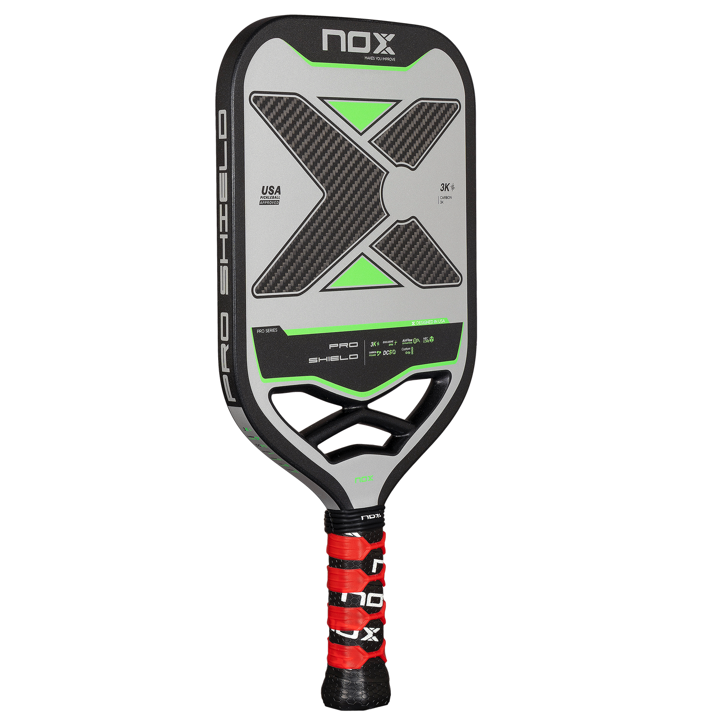 Piklbolo raketė NOX PRO SHIELD 3K Carbon iš kampo – profesionali konstrukcija, ilgaamžiškumas ir dinamiškas dizainas