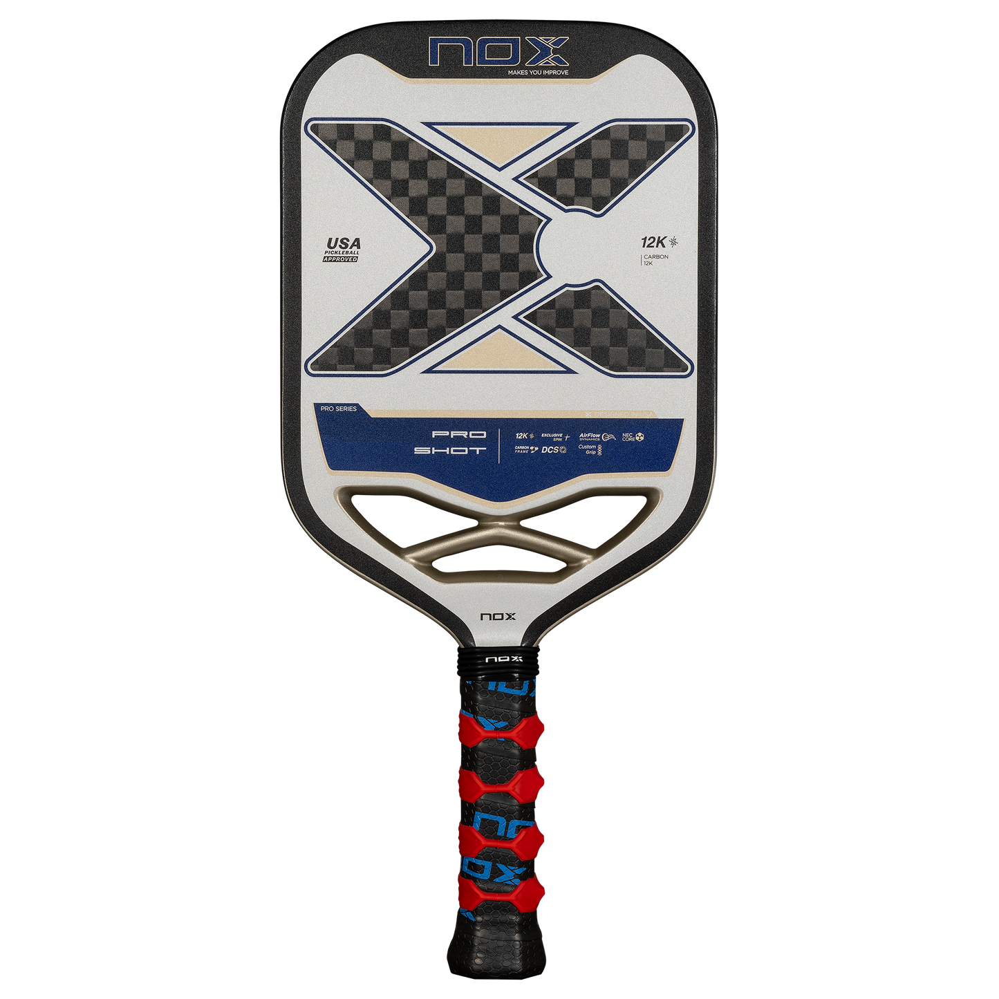 NOX PRO SHOT RACKET 12K Carbon piklbolo raketė – priekinis vaizdas, aukštos kokybės 12K anglies pluošto paviršius ir profesionalus dizainas