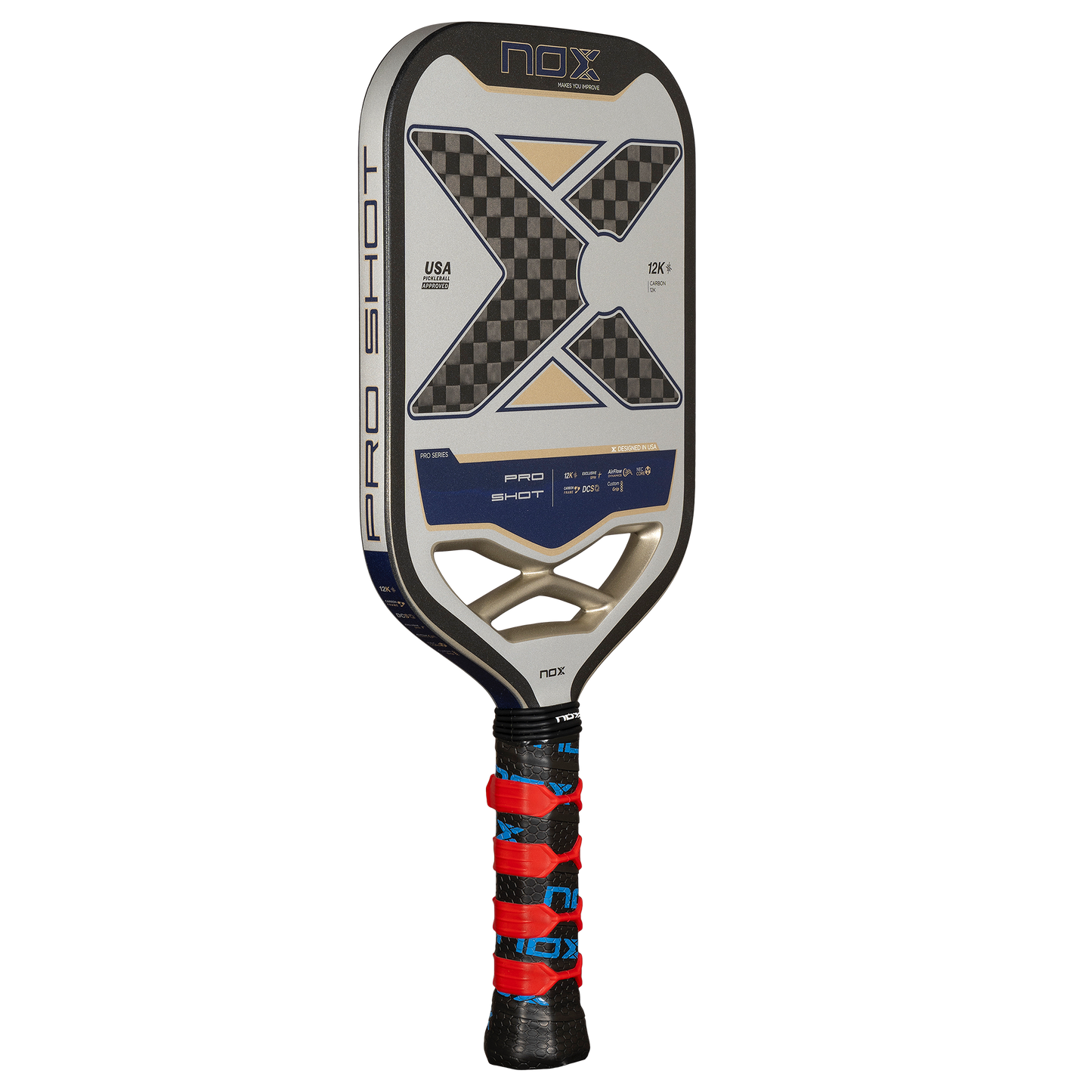 NOX PRO SHOT RACKET 12K Carbon piklbolo raketė iš kampo – moderni konstrukcija ir optimalus balansas profesionaliam žaidimui