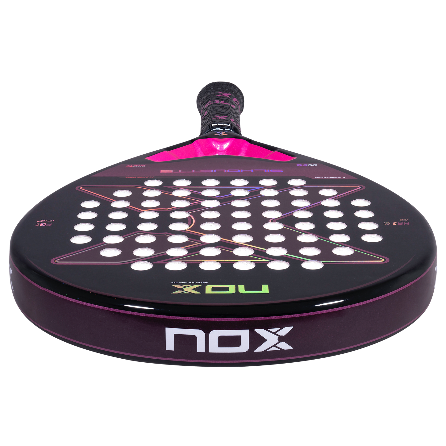 Padelio raketė NOX X-ONE Silhouette iš viršaus – apvali galva, NOX logotipas ir elegantiškas dizainas moterims