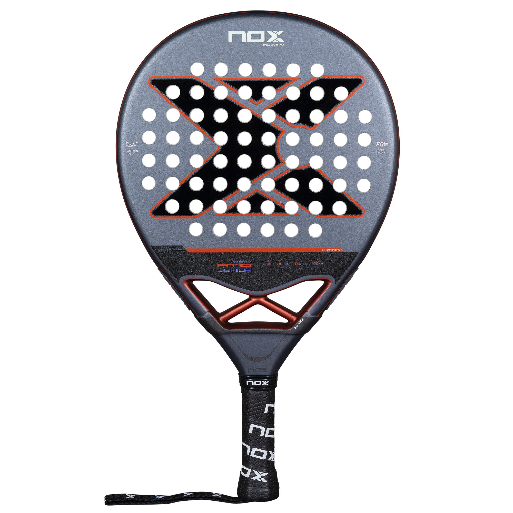 NOX AT10 Genius JR padelio raketė – priekinis vaizdas, lengvas modelis vaikams ir jaunimui, Agustin Tapia dizainas