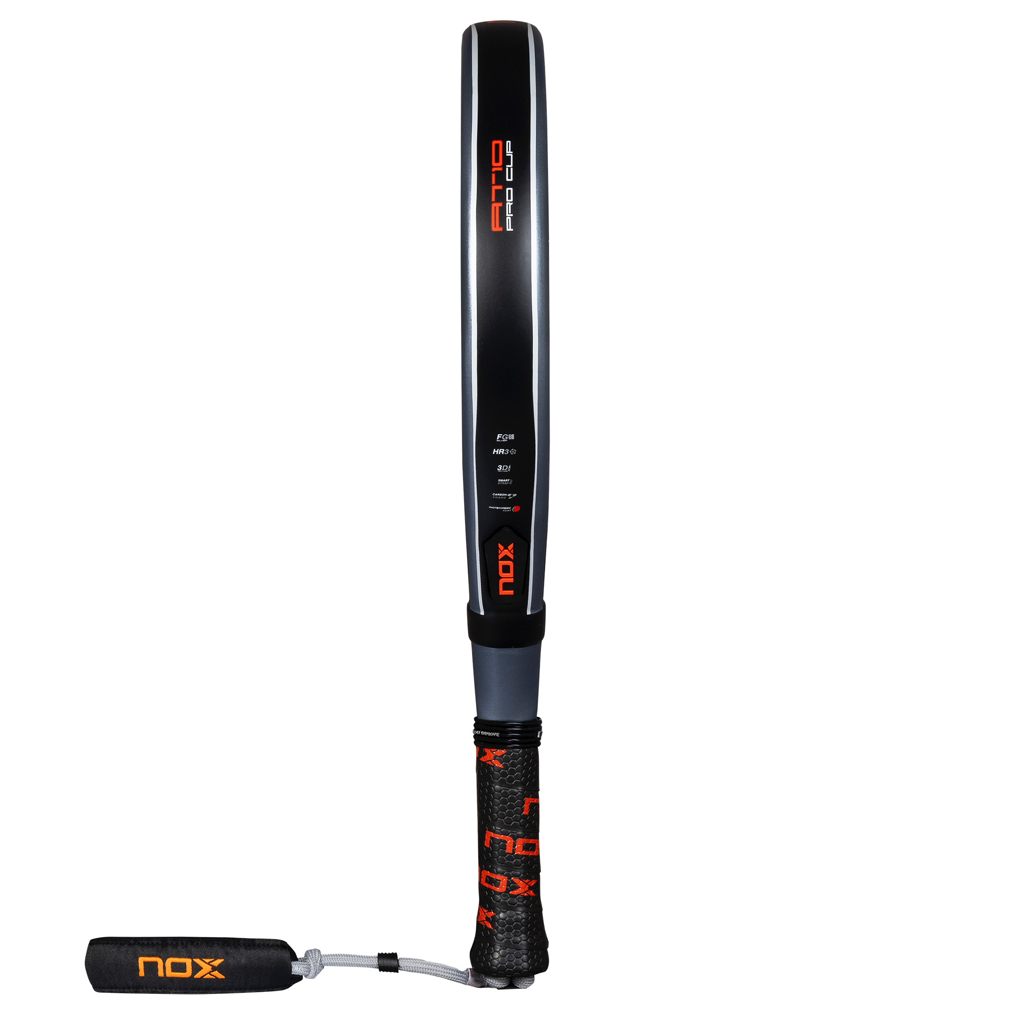 NOX AT10 Pro Cup COMFORT padelio raketė – šoninis vaizdas, tvirta konstrukcija ir vidutinio storio profilis