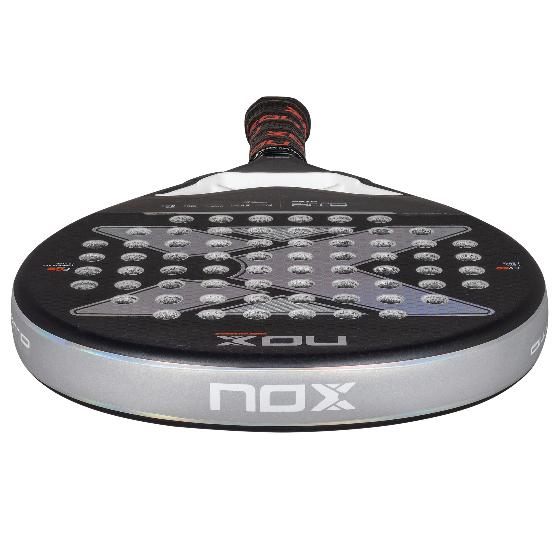 NOX AT10 Pro Cup HARD padelio raketė iš viršaus – simetriška apvali forma su Agustin Tapia dizainu ir NOX logotipu