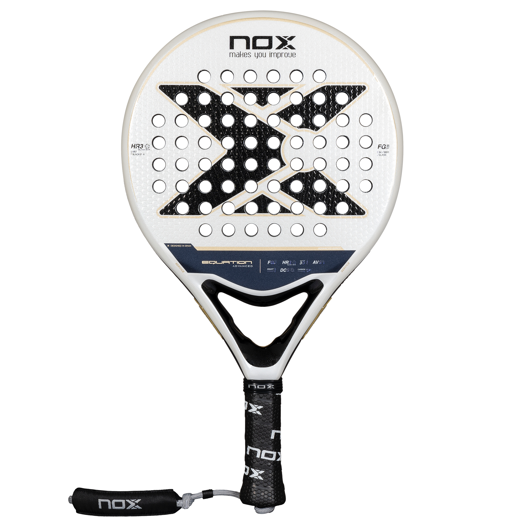 NOX Equation Advanced 2025 padelio raketė – priekinis vaizdas, subalansuotas kontrolės ir galios modelis