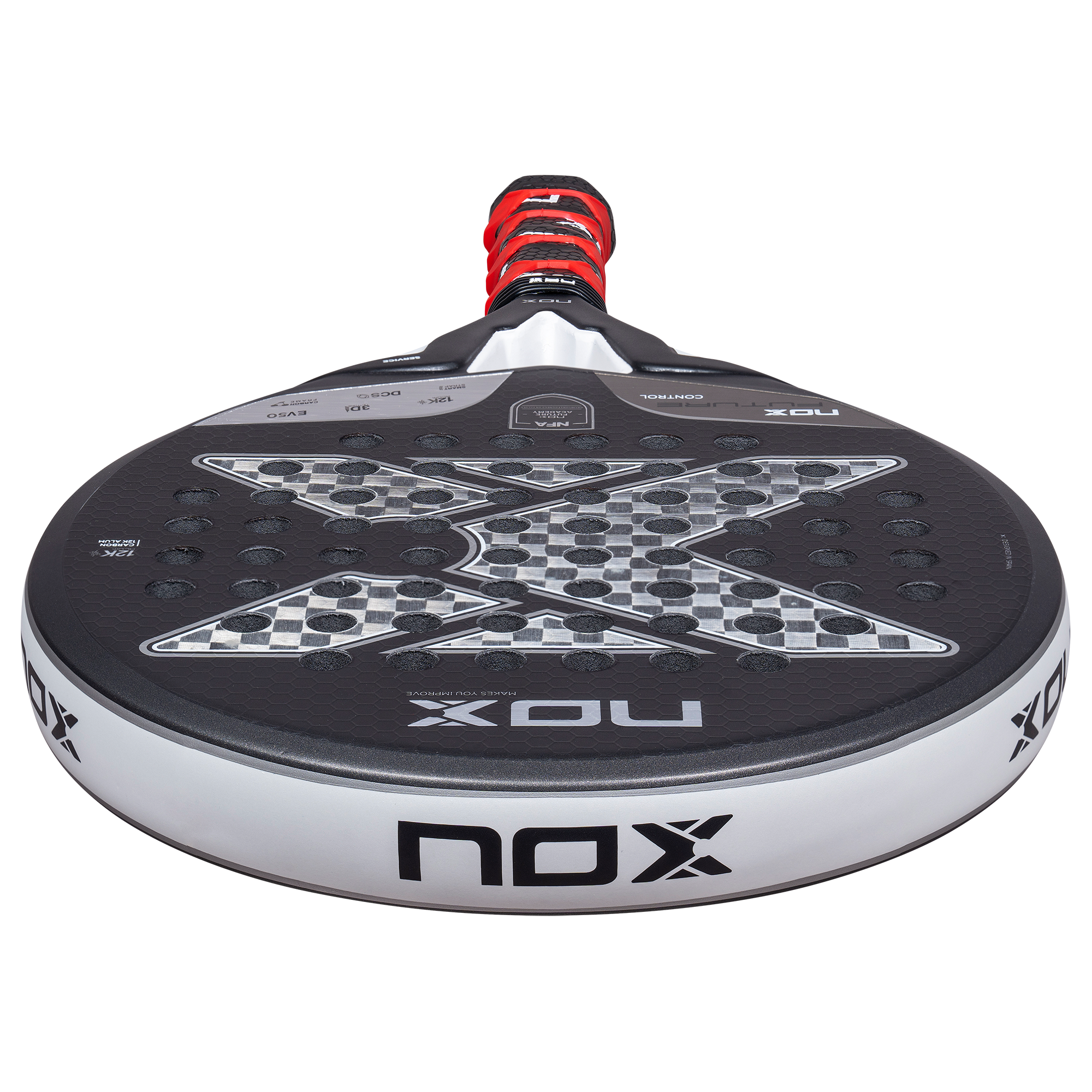 NOX 2025 Future CONTROL 12K ALUM padelio raketė iš viršaus – apvali galva su NOX logotipu ir futuristiniu dizainu