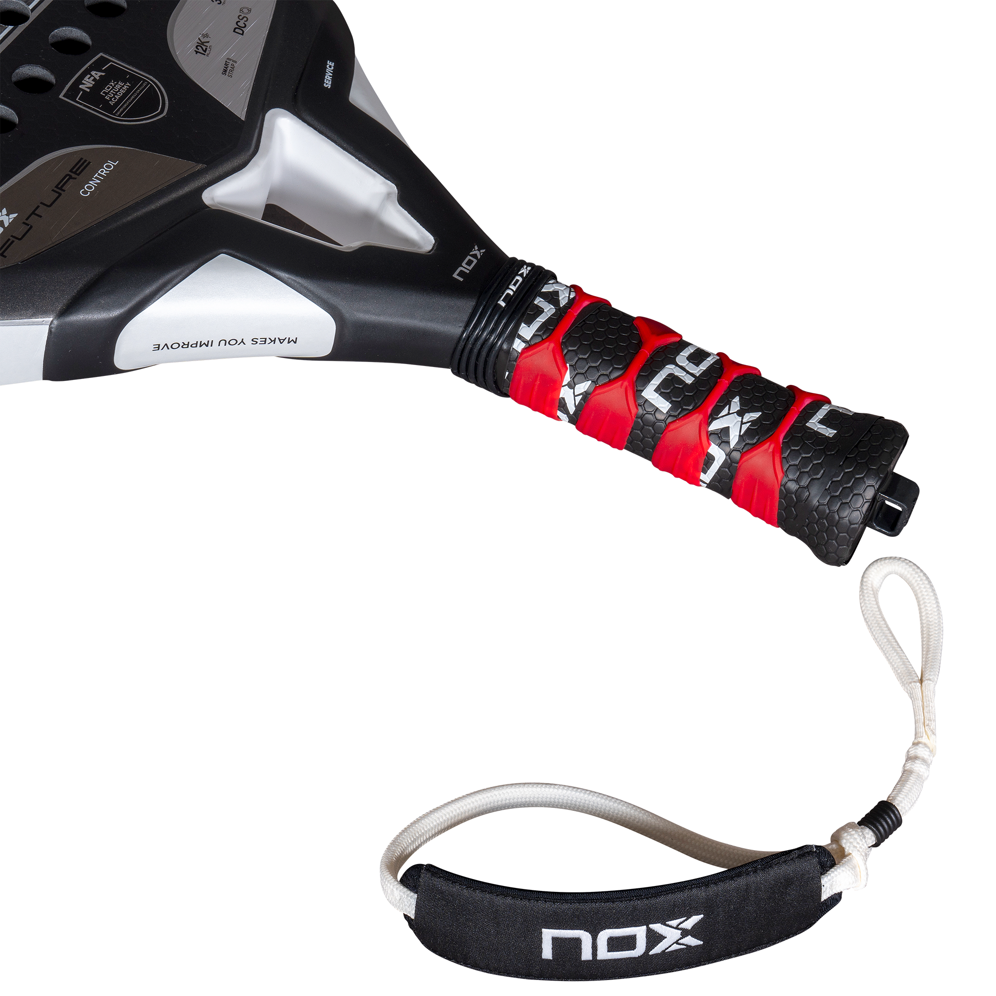 NOX Future CONTROL 12K ALUM 2025 padelio raketės rankena – ergonomiška, su neslystančia apvija ir NOX dirželiu