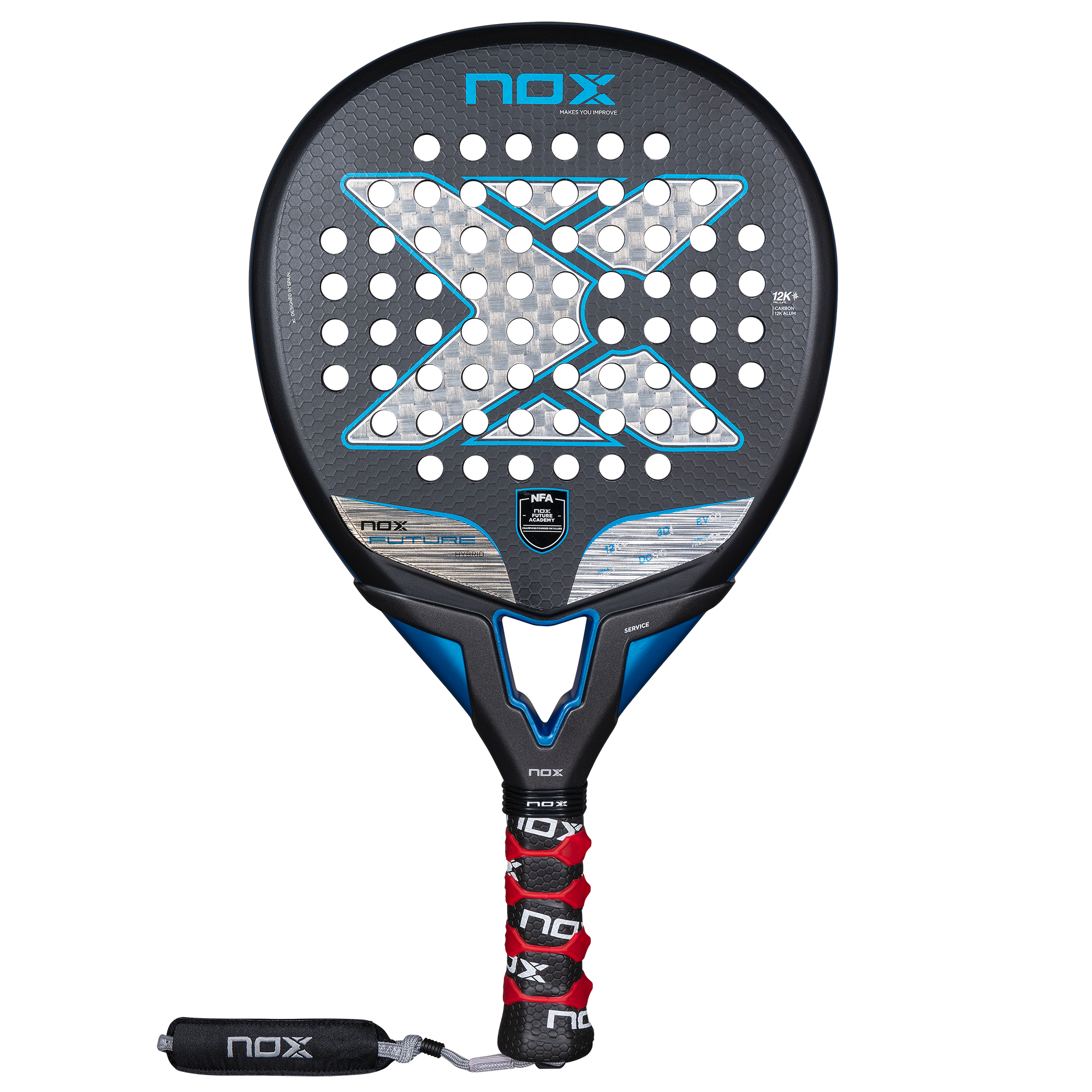 NOX Future HYBRID 12K ALUM 2025 padelio raketė – priekinis vaizdas, hibridinė forma su 12K anglies pluošto paviršiumi