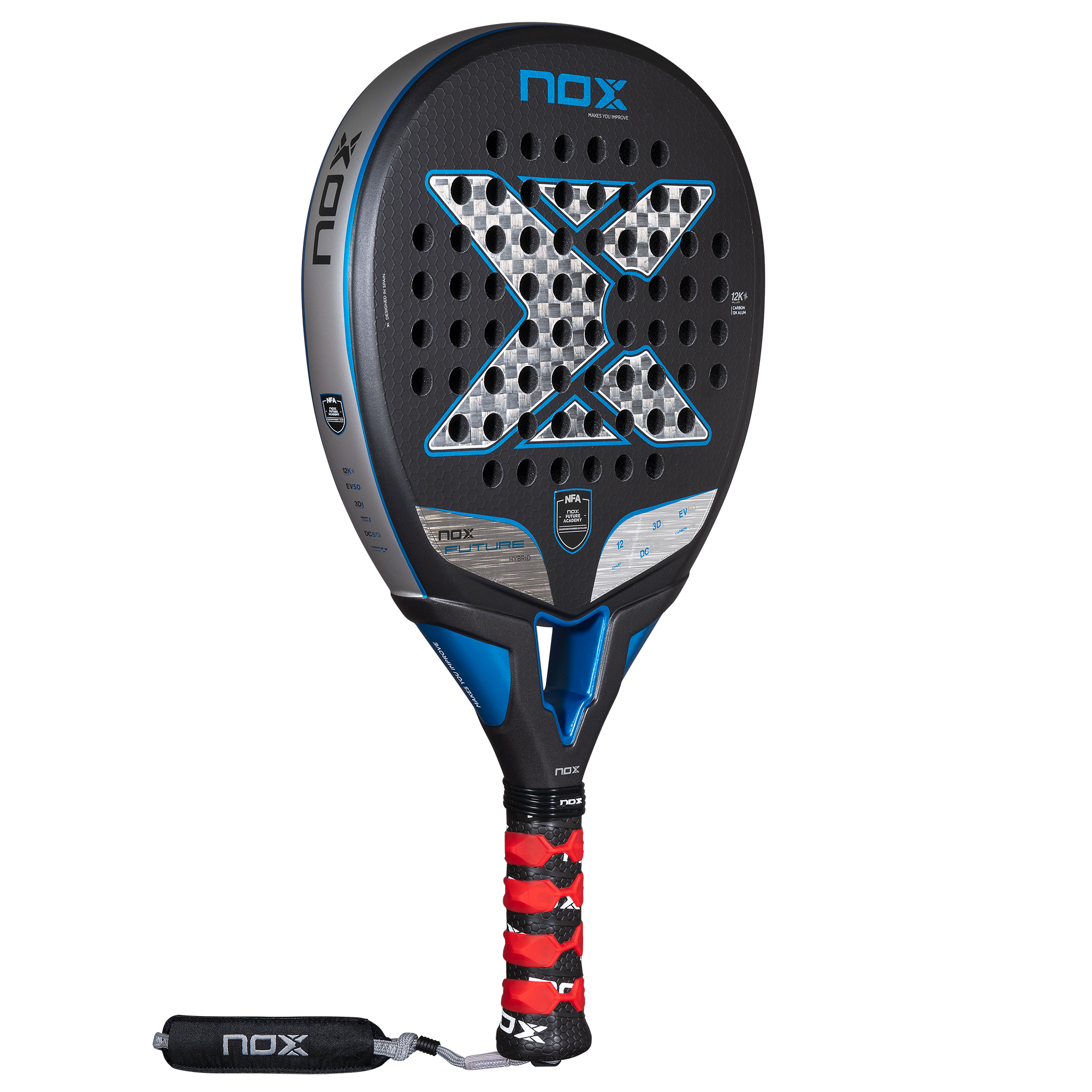 NOX 2025 Future HYBRID 12K ALUM padelio raketė iš kampo – modernus dizainas ir puikus galios bei kontrolės balansas