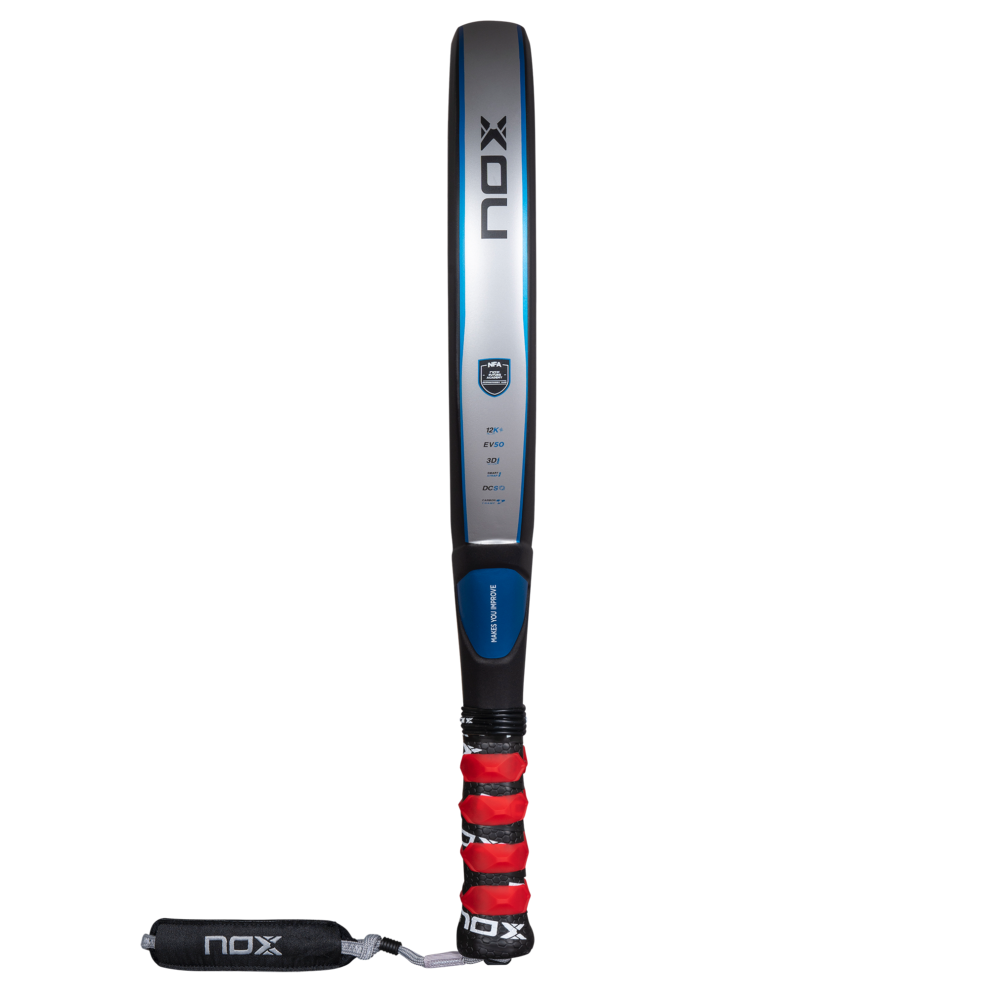 NOX Future HYBRID 12K ALUM padelio raketė – šoninis vaizdas, tvirtas aliuminio rėmas ir subalansuotas storis