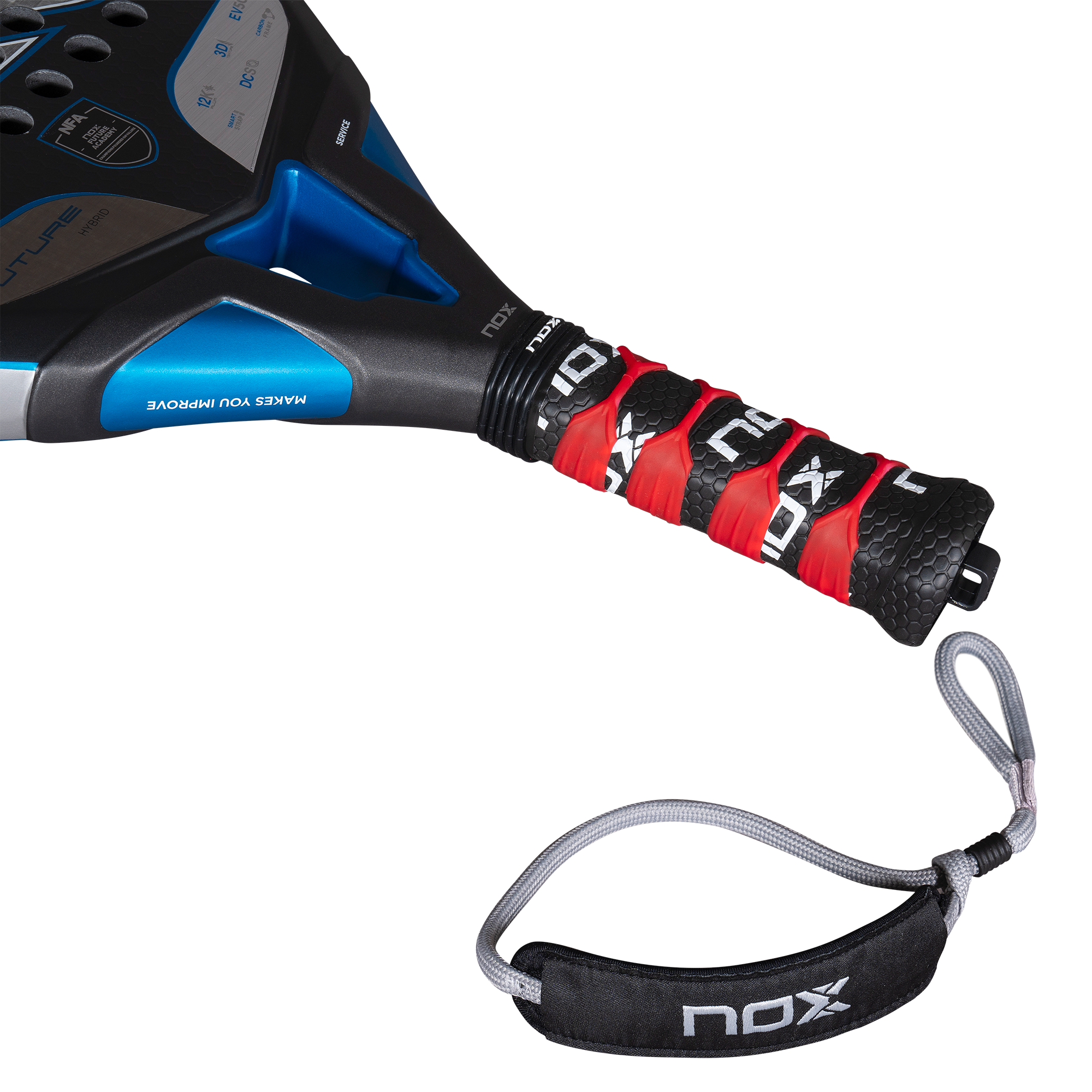 NOX Future HYBRID 2025 padelio raketės rankena – ergonomiška rankena su neslystančia apvija ir apsauginiu dirželiu