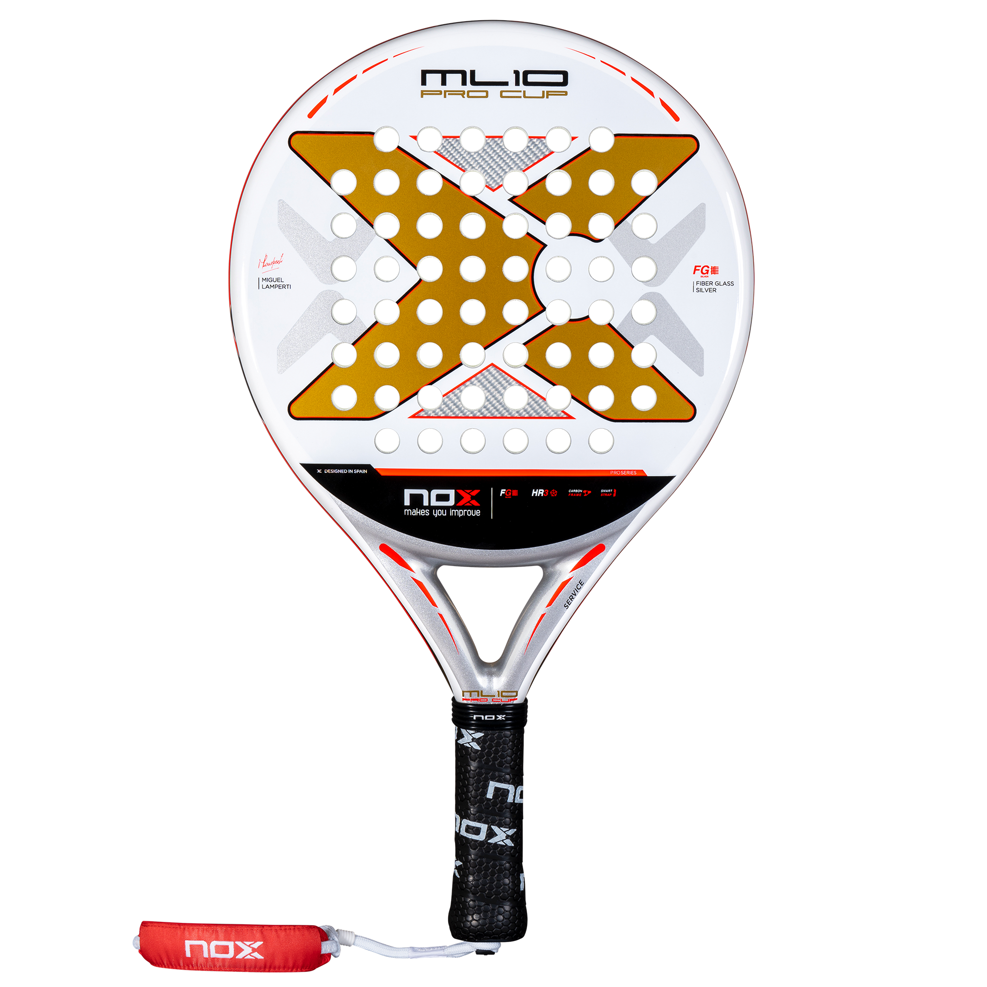 NOX ML10 Pro Cup COORP 2025 padelio raketė – priekinis vaizdas, Miguel Lamperti modelis su klasikinės kontrolės paviršiumi