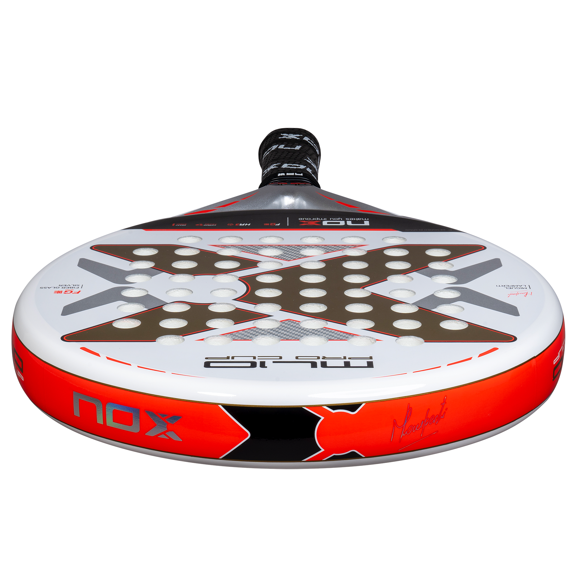 NOX 2025 ML10 Pro Cup COORP padelio raketė iš viršaus – apvali forma ir COORP dizaino viršutinis kontūras