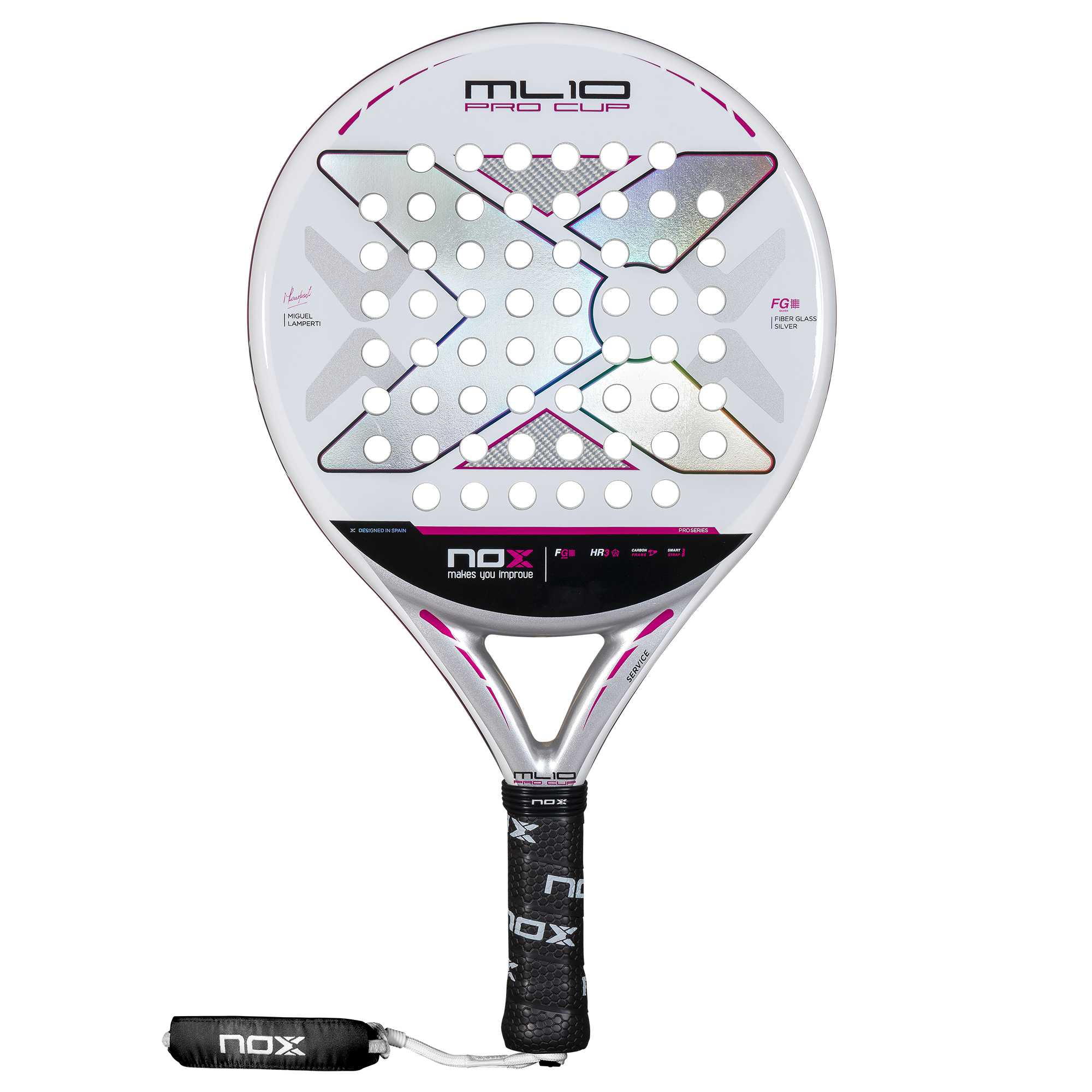 NOX ML10 Pro Cup SILVER 2025 padelio raketė – priekinis vaizdas, apvali forma ir klasikinis dizainas, sukurtas kartu su Miguel Lamperti