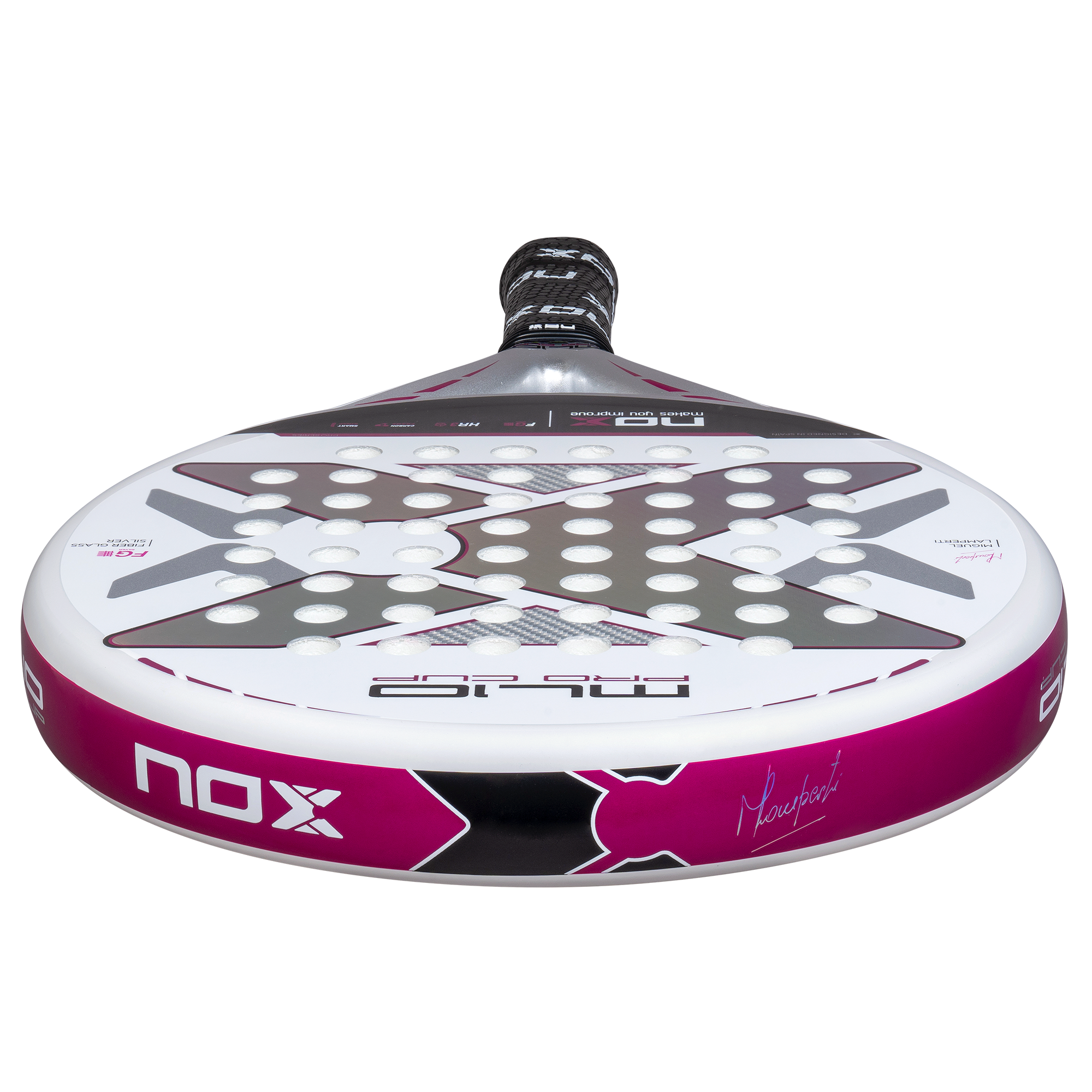 NOX 2025 ML10 Pro Cup SILVER padelio raketė iš viršaus – apvali galva su NOX logotipu ir sidabriniais dizaino akcentais