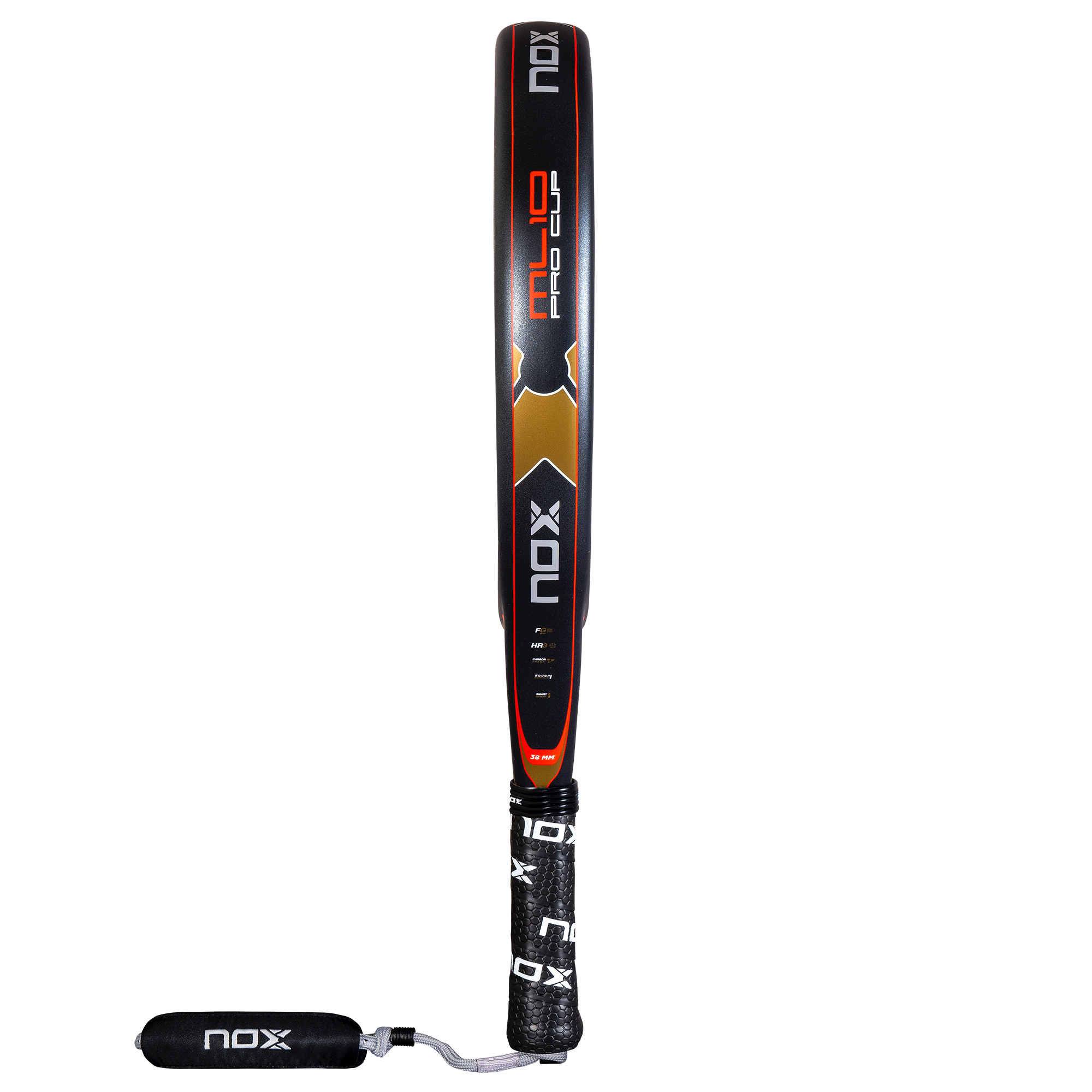 NOX ML10 Pro Cup Rough Surface padelio raketė – šoninis vaizdas, anglies pluošto rėmas ir profesionali apdaila