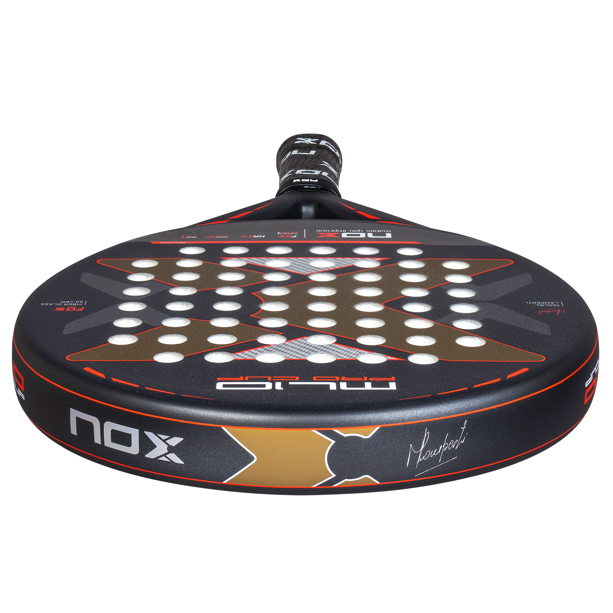 NOX ML10 Pro Cup Rough Surface Edition padelio raketė iš viršaus – apvali galva, NOX logotipas ir šerpetotas paviršius