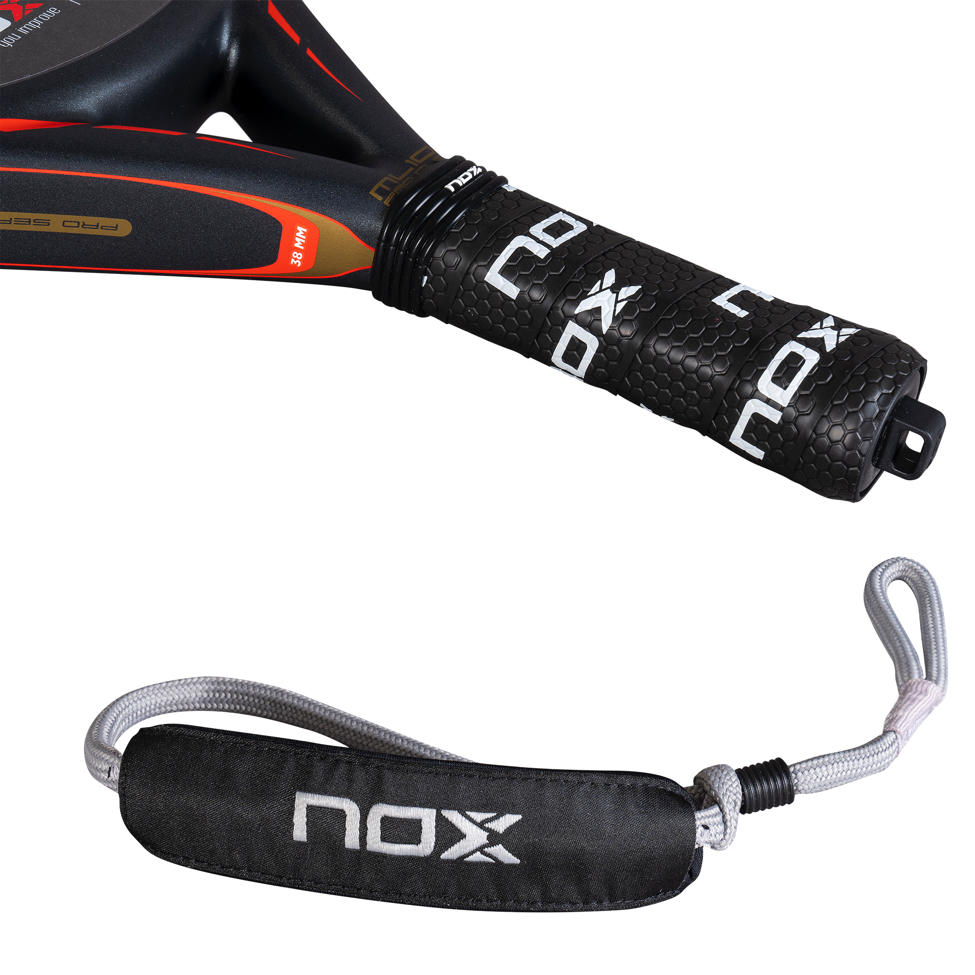 NOX ML10 Pro Cup Rough Surface 2025 padelio raketės rankena – ergonomiška su originaliu NOX dirželiu ir neslystančia apvija