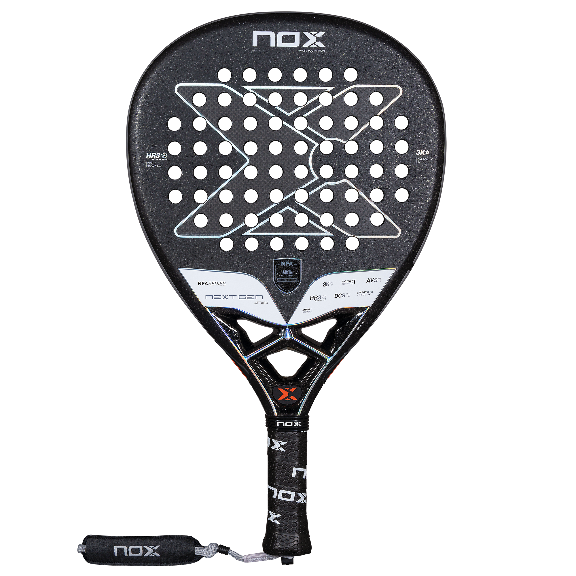 NOX NextGen PRO ATTACK 3K 2025 padelio raketė – priekinis vaizdas, lašelinė forma ir 3K anglies pluošto paviršius smūgių galiai