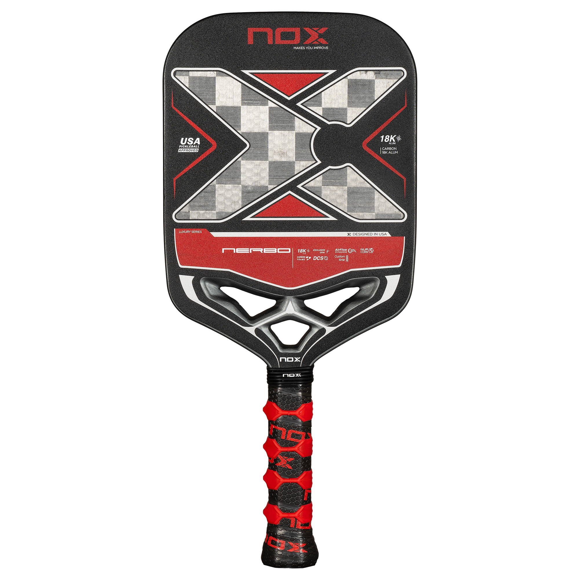 NOX Luxury Nerbo 18K Alum-Carbon pickleball raketė – priekinis vaizdas, aukštos kokybės anglies ir aliuminio derinys, prabangus dizainas
