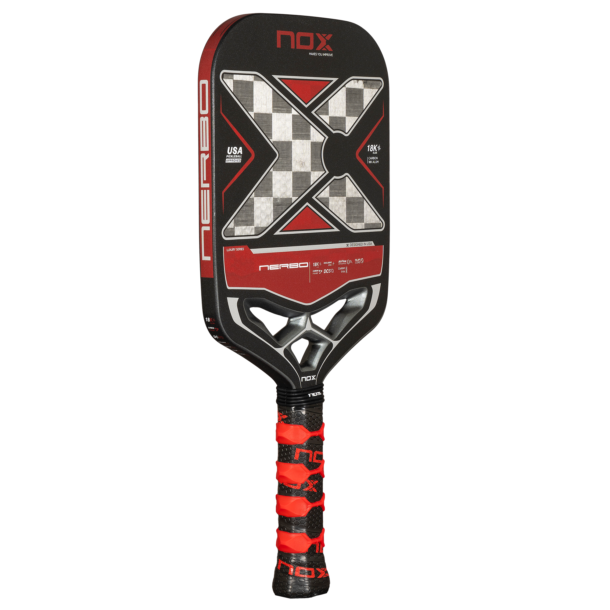NOX Luxury Nerbo 18K Alum-Carbon pickleball raketė iš kampo – tvirta konstrukcija, skirta profesionaliam žaidimui ir ilgaamžiškumui