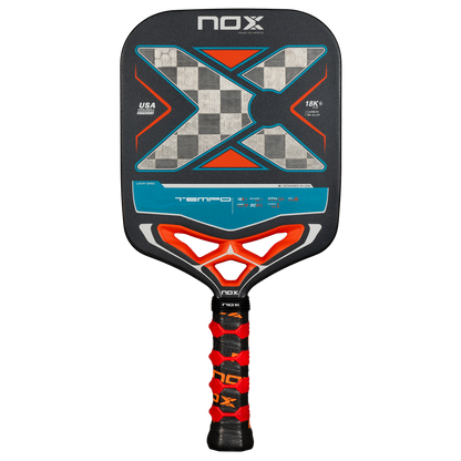 NOX Luxury Tempo 18K Alum-Carbon pickleball raketė – priekinis vaizdas, aukštos kokybės anglies ir aliuminio derinys, elegantiškas dizainas