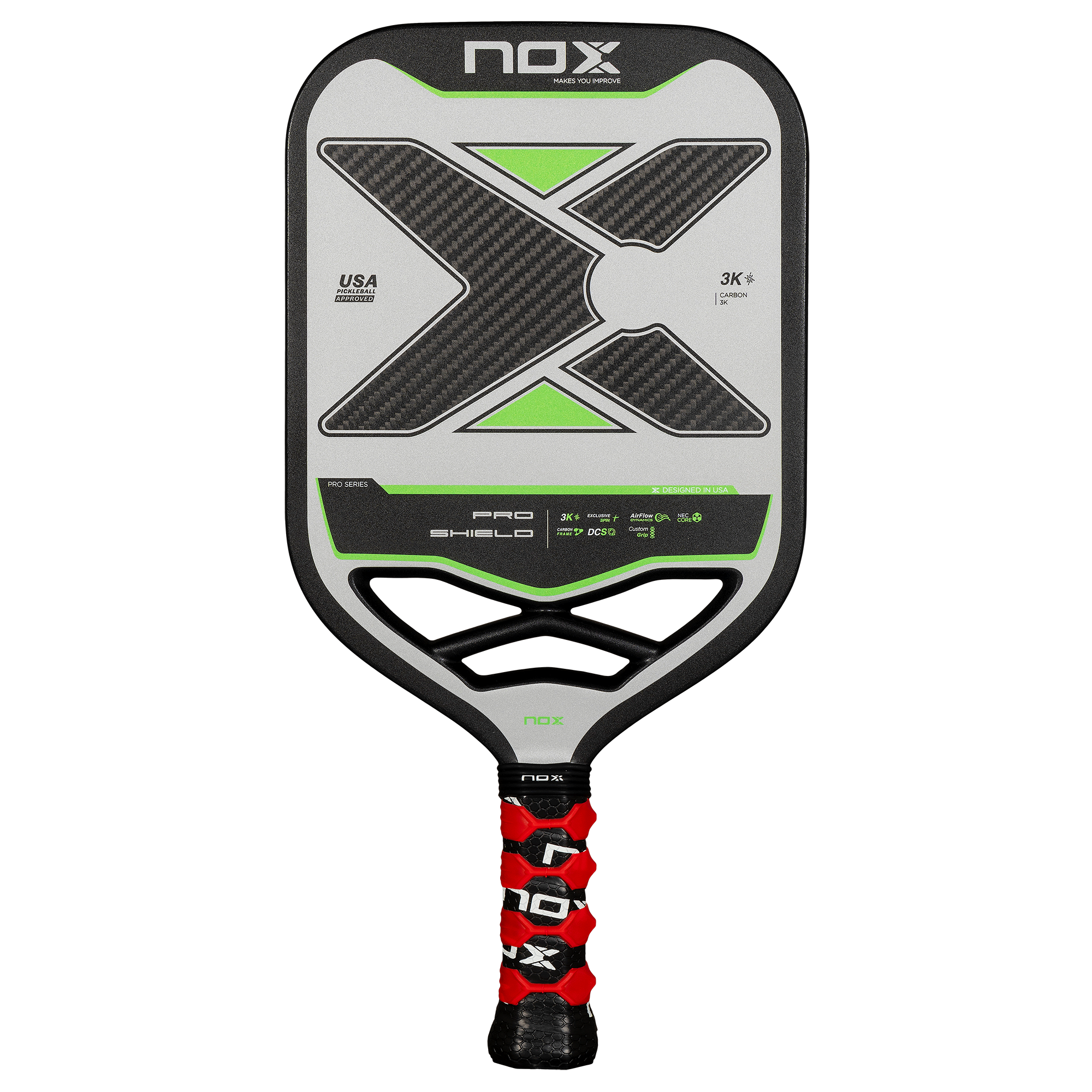 NOX PRO SHIELD 3K Carbon piklbolo raketė – priekinis vaizdas, anglies pluošto paviršius, aukščiausios klasės galia ir kontrolė