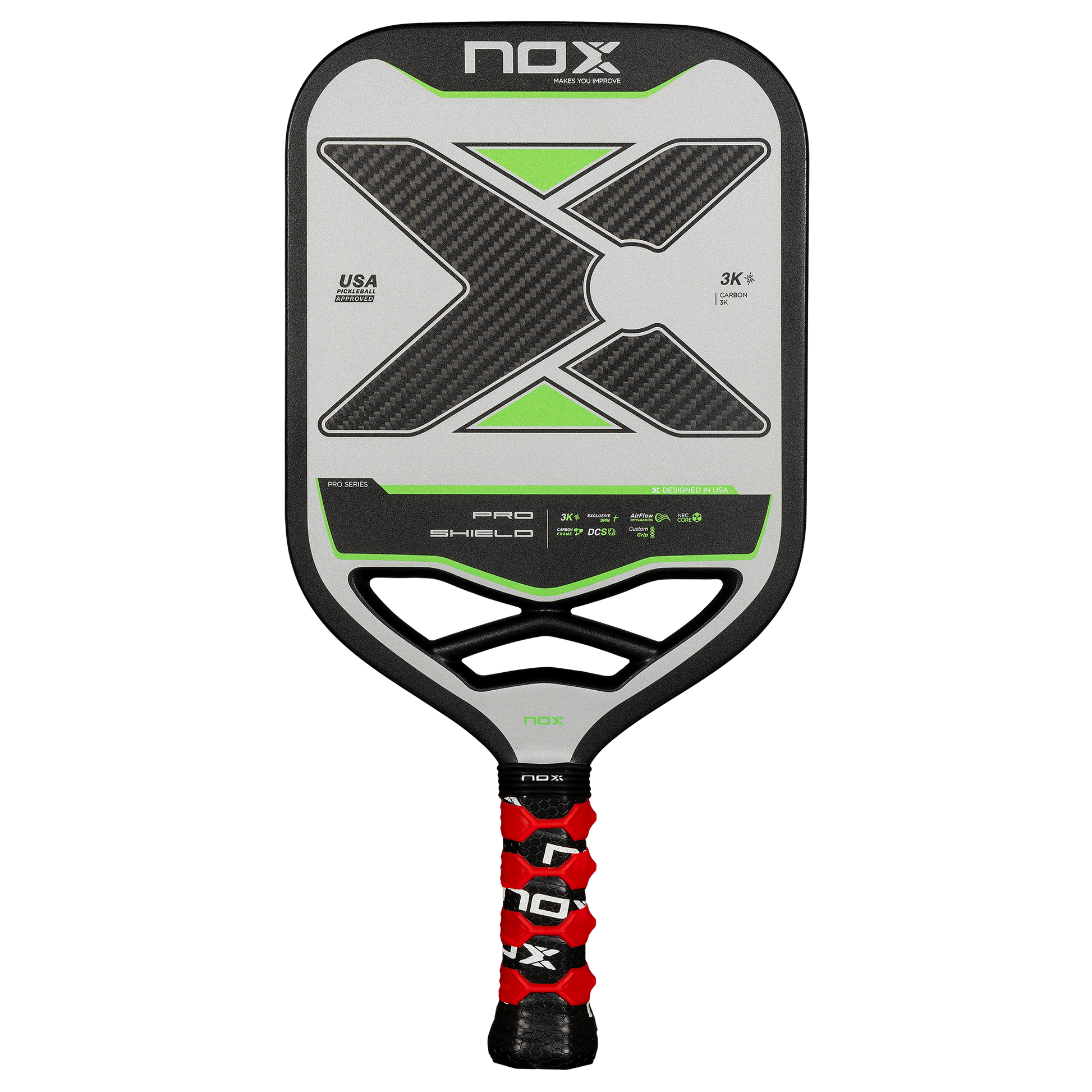 NOX PRO SHIELD 3K Carbon piklbolo raketė – priekinis vaizdas, anglies pluošto paviršius, aukščiausios klasės galia ir kontrolė