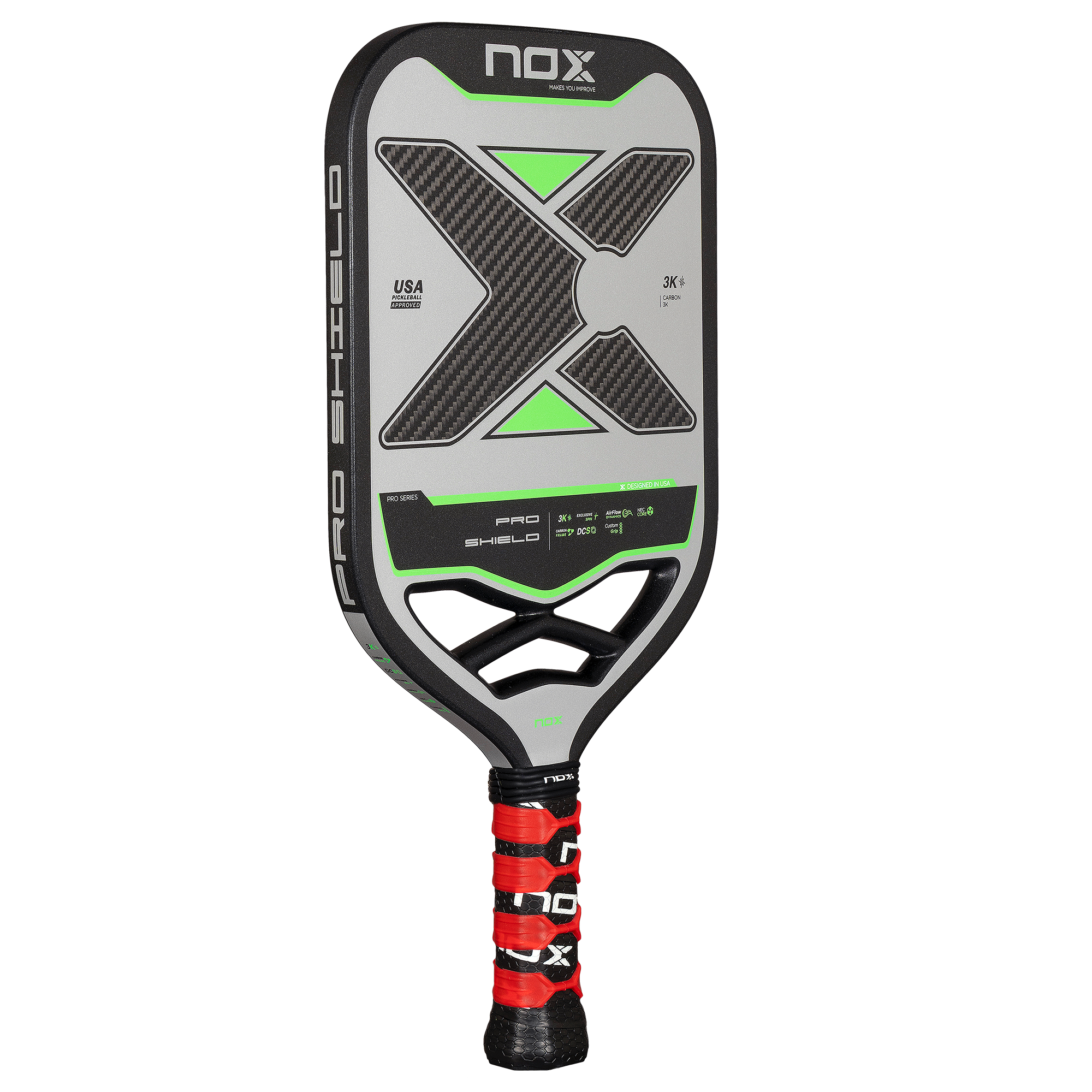 Piklbolo raketė NOX PRO SHIELD 3K Carbon iš kampo – profesionali konstrukcija, ilgaamžiškumas ir dinamiškas dizainas