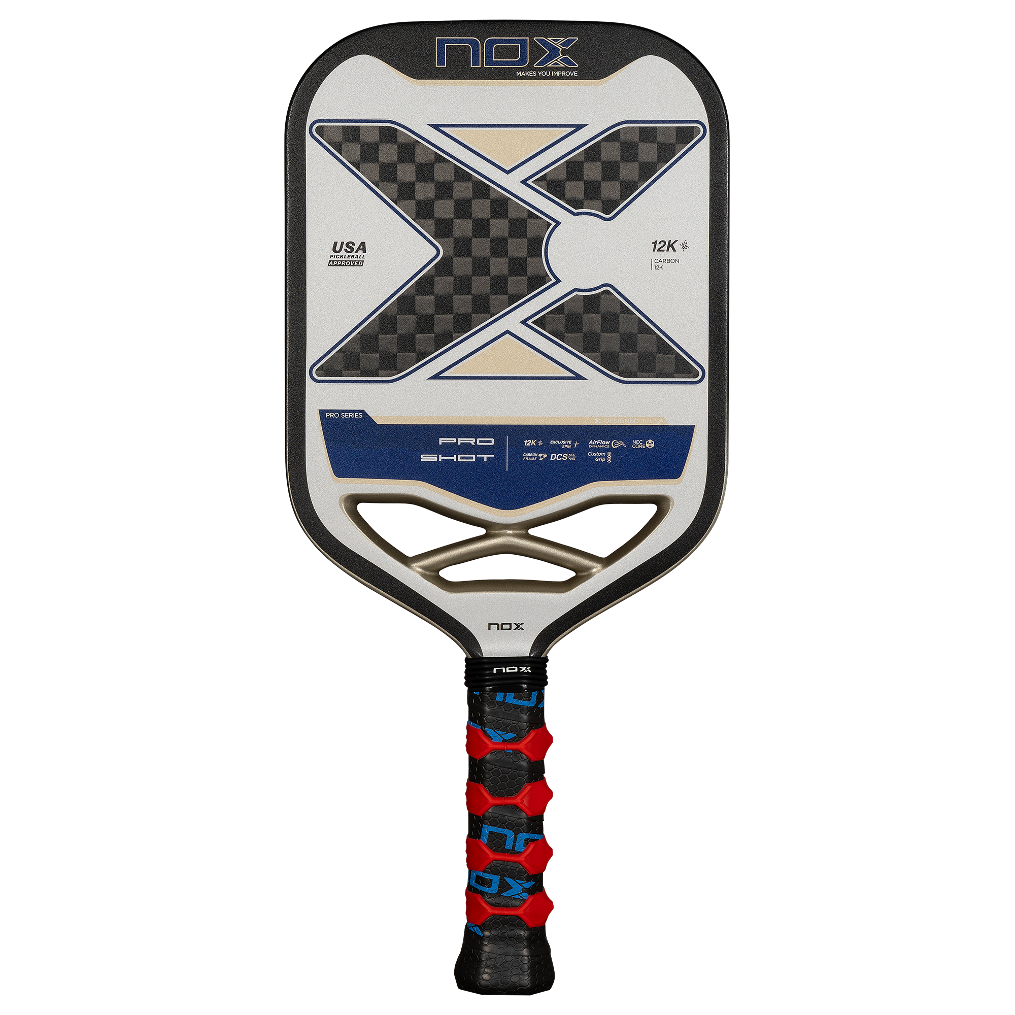 NOX PRO SHOT RACKET 12K Carbon piklbolo raketė – priekinis vaizdas, aukštos kokybės 12K anglies pluošto paviršius ir profesionalus dizainas