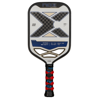NOX PRO SHOT RACKET 12K Carbon piklbolo raketė – priekinis vaizdas, aukštos kokybės 12K anglies pluošto paviršius ir profesionalus dizainas