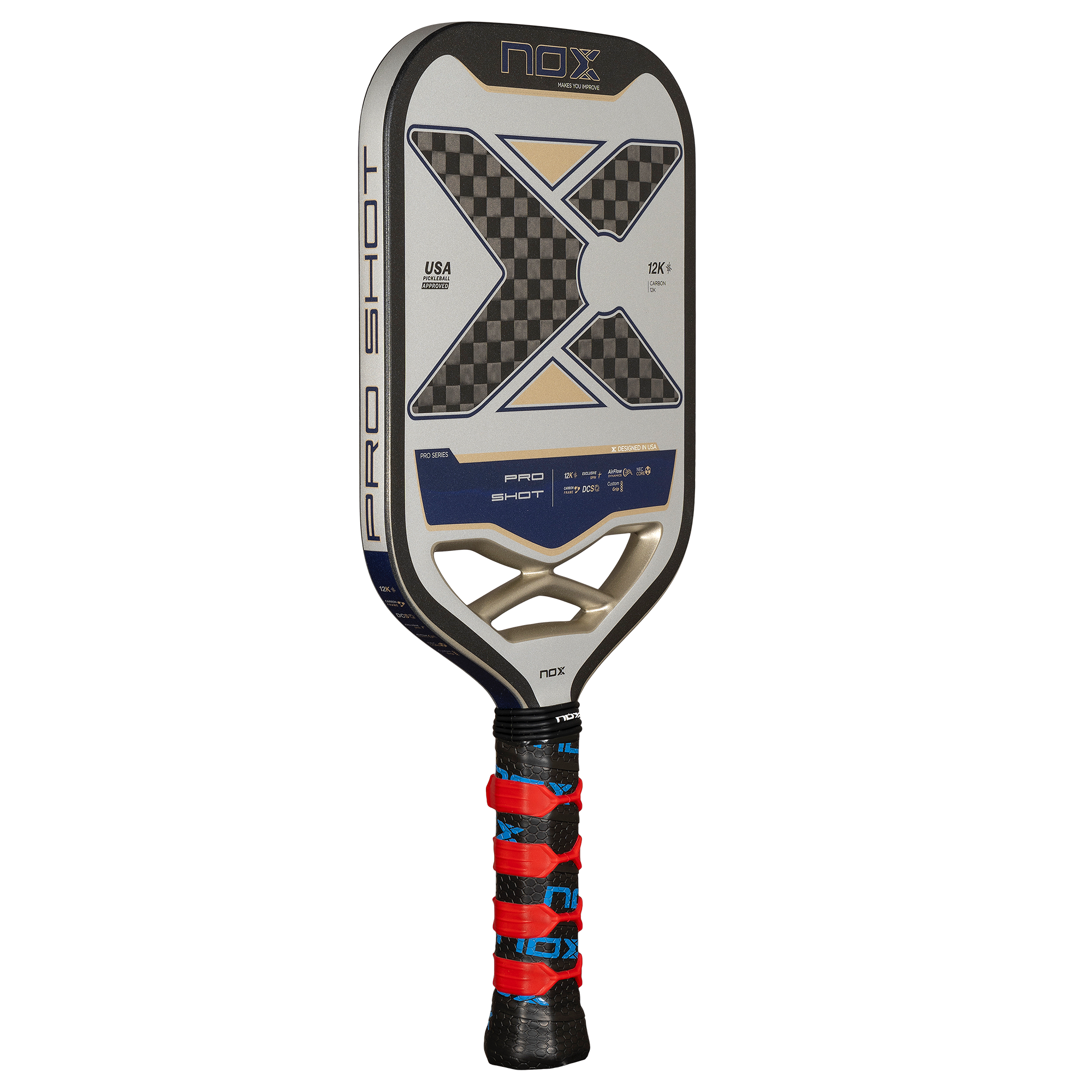 NOX PRO SHOT RACKET 12K Carbon piklbolo raketė iš kampo – moderni konstrukcija ir optimalus balansas profesionaliam žaidimui