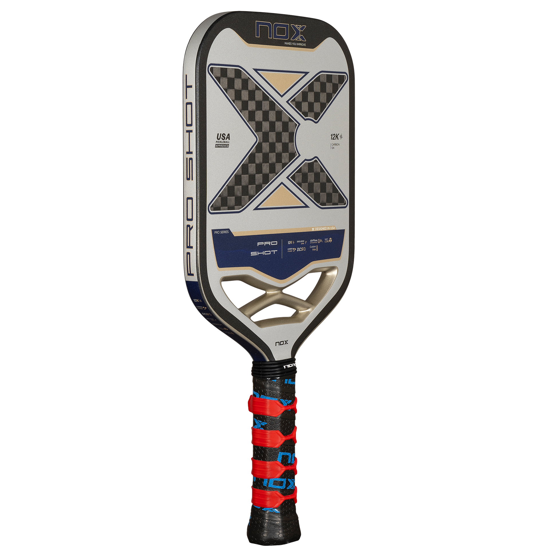 NOX PRO SHOT RACKET 12K Carbon piklbolo raketė iš kampo – moderni konstrukcija ir optimalus balansas profesionaliam žaidimui