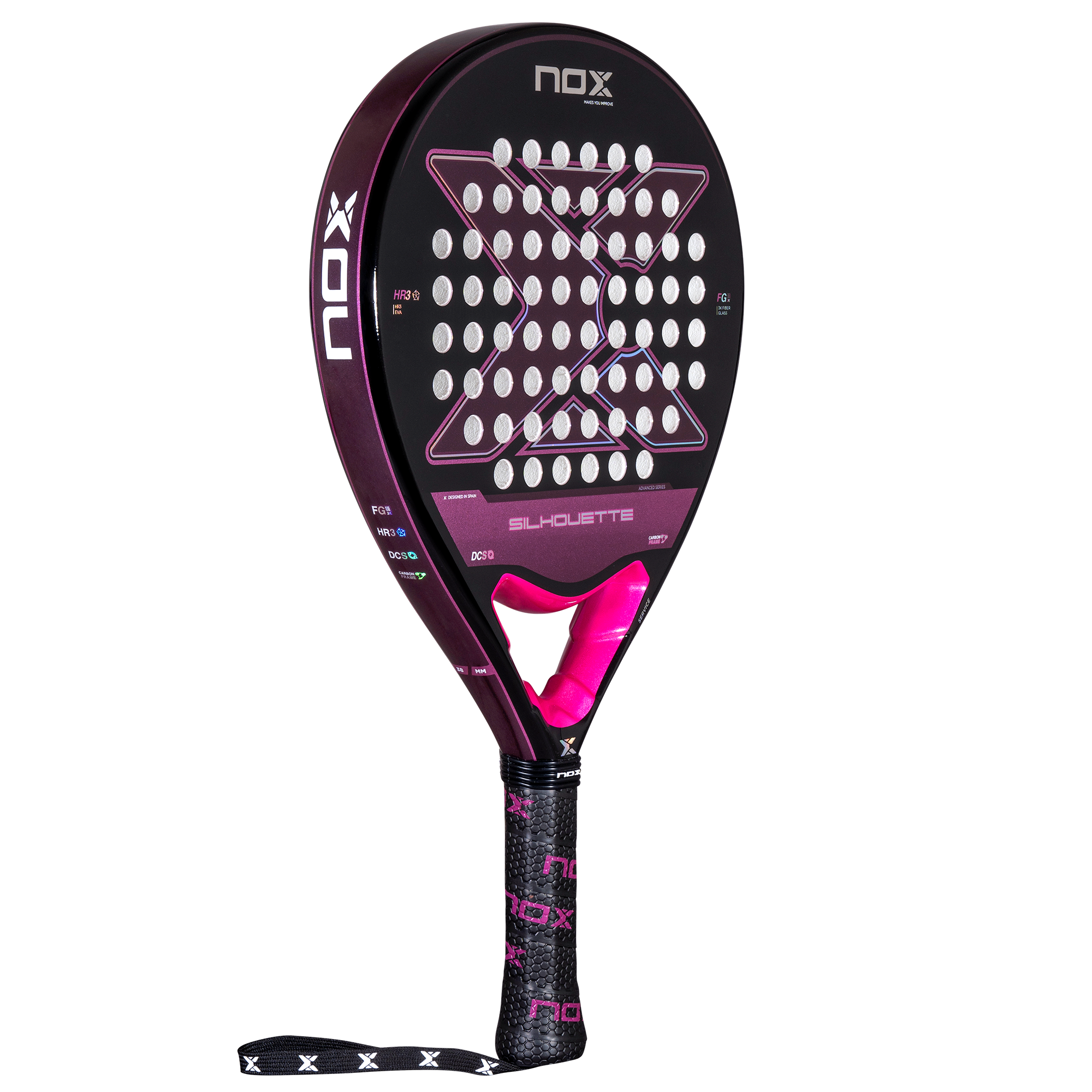 Padelio raketė NOX X-ONE Silhouette iš kampo – lengva konstrukcija ir patogi kontrolė moterims ir pradedantiesiems