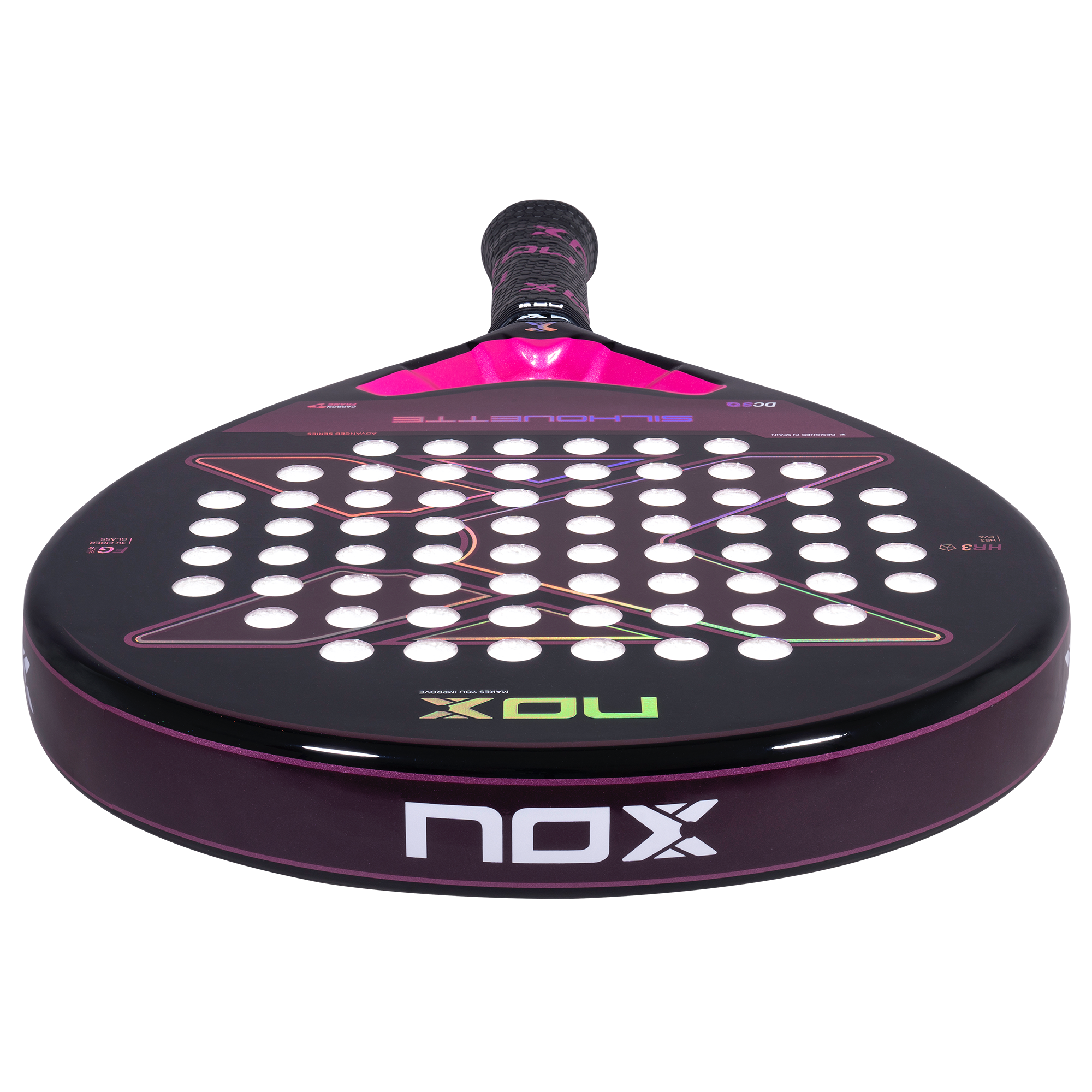 Padelio raketė NOX X-ONE Silhouette iš viršaus – apvali galva, NOX logotipas ir elegantiškas dizainas moterims