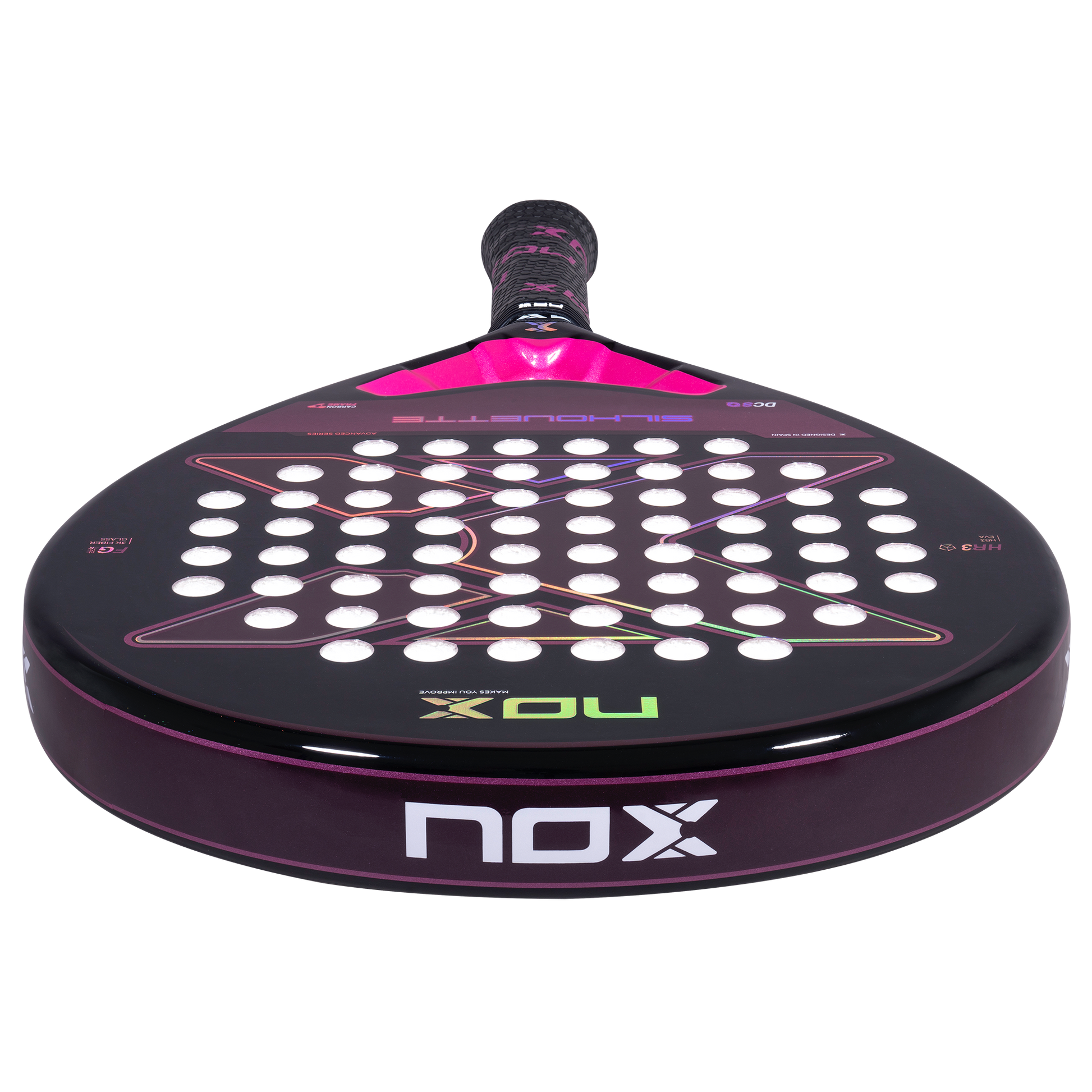 Padelio raketė NOX X-ONE Silhouette iš viršaus – apvali galva, NOX logotipas ir elegantiškas dizainas moterims