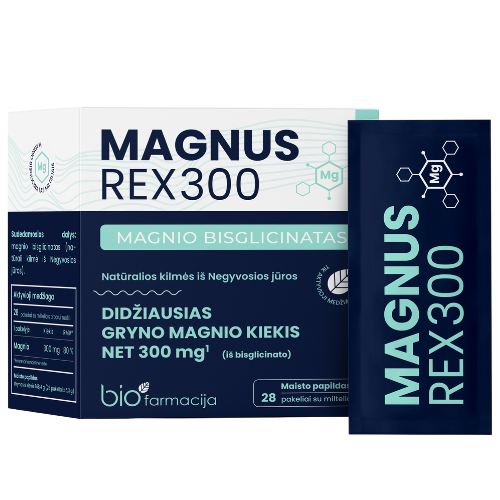 Biofarmacija magnio bisglicinatas 300 magnus rex melynas pakelis