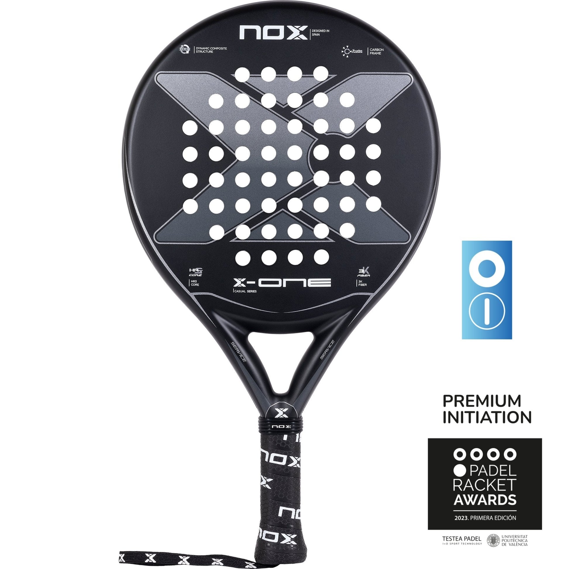 NOX X One padelio raketė – priekinis vaizdas, apvali forma ir subalansuotas dizainas pradedantiesiems žaidėjams